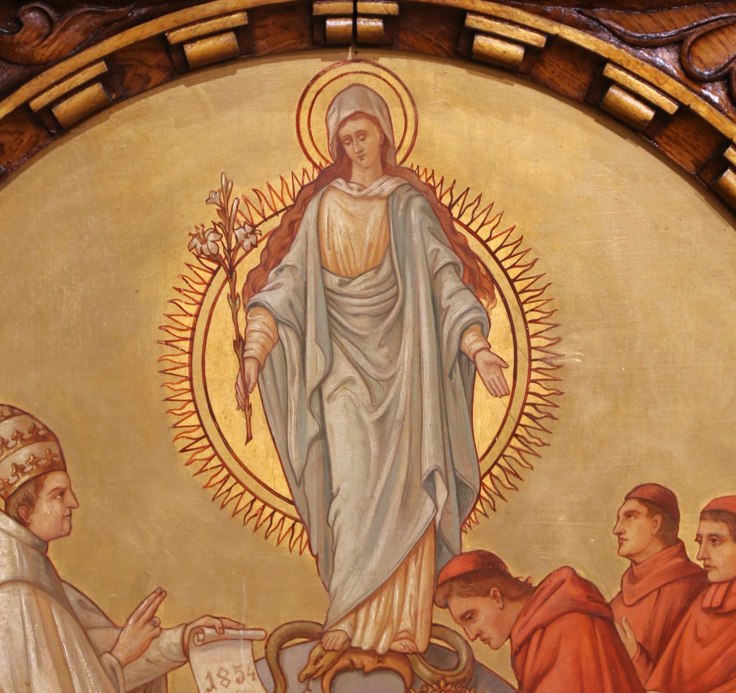 Pannello d'altare in noce dipinto a mano in stile gotico francese del XIX secolo con immagini mariane in vendita 1