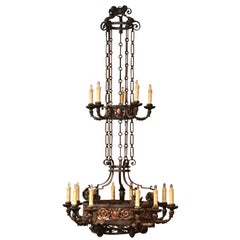 Antique 19th Century French Gothic Iron and Copper Two-Tier Fifteen Light Chandelier