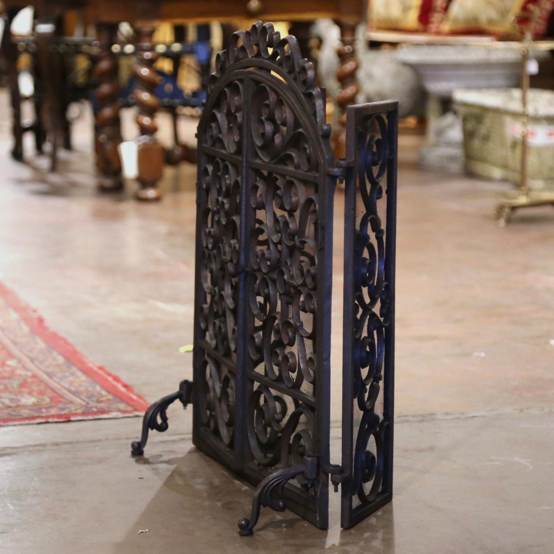 18th Century 19th Century French Gothic Iron and Mesh Double-Door Fireplace Screen  For Sale
