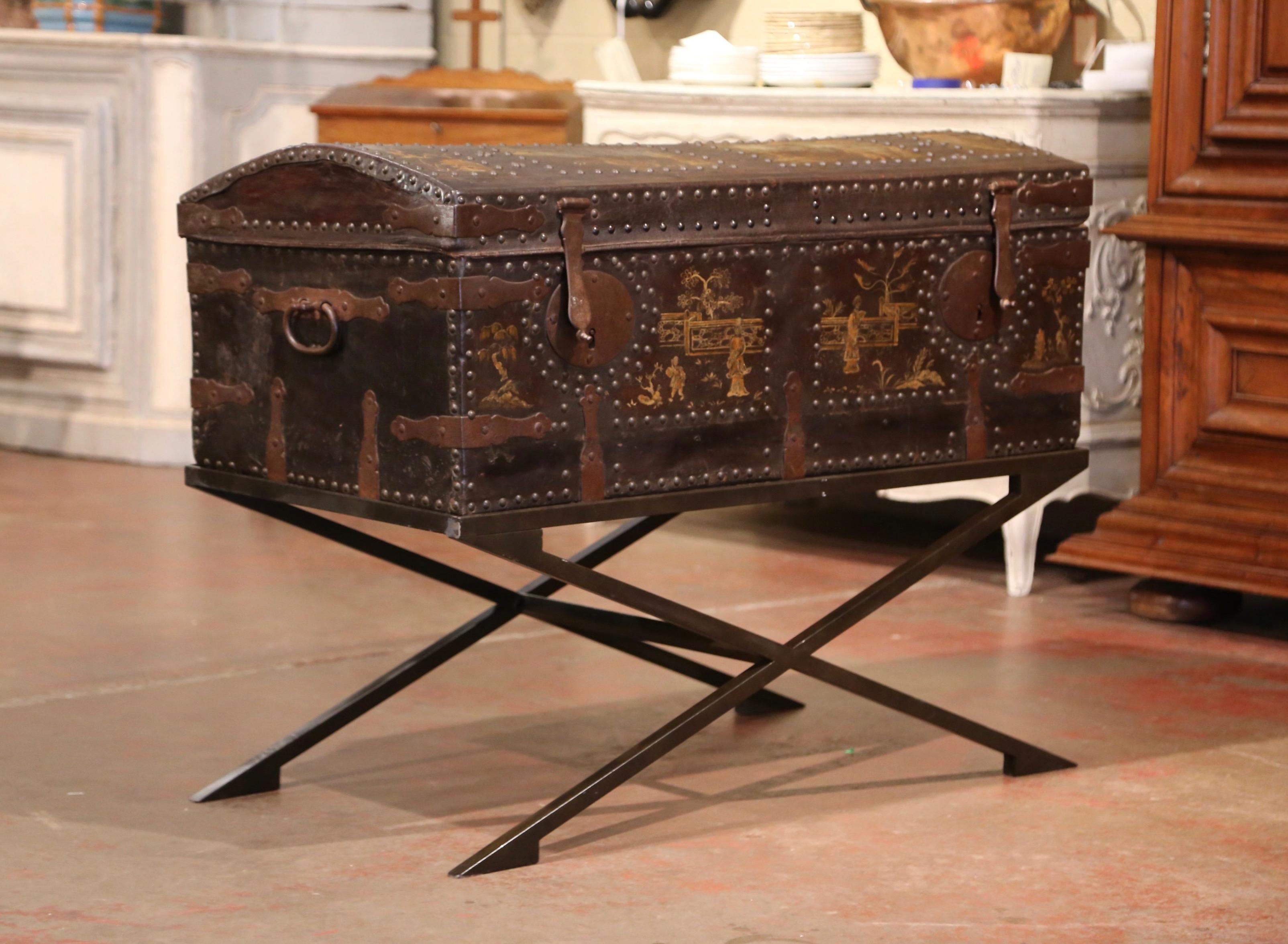 19th Century French Gothic Leather Trunk in Iron Base with Chinoiserie Decor 1