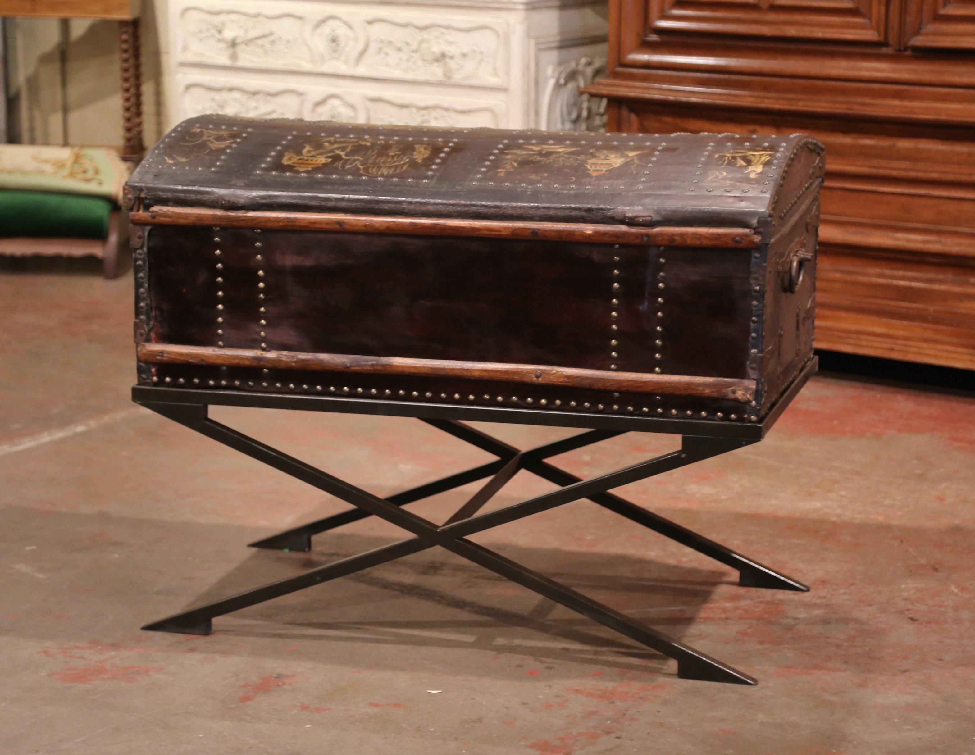 19th Century French Gothic Leather Trunk in Iron Base with Chinoiserie Decor 2