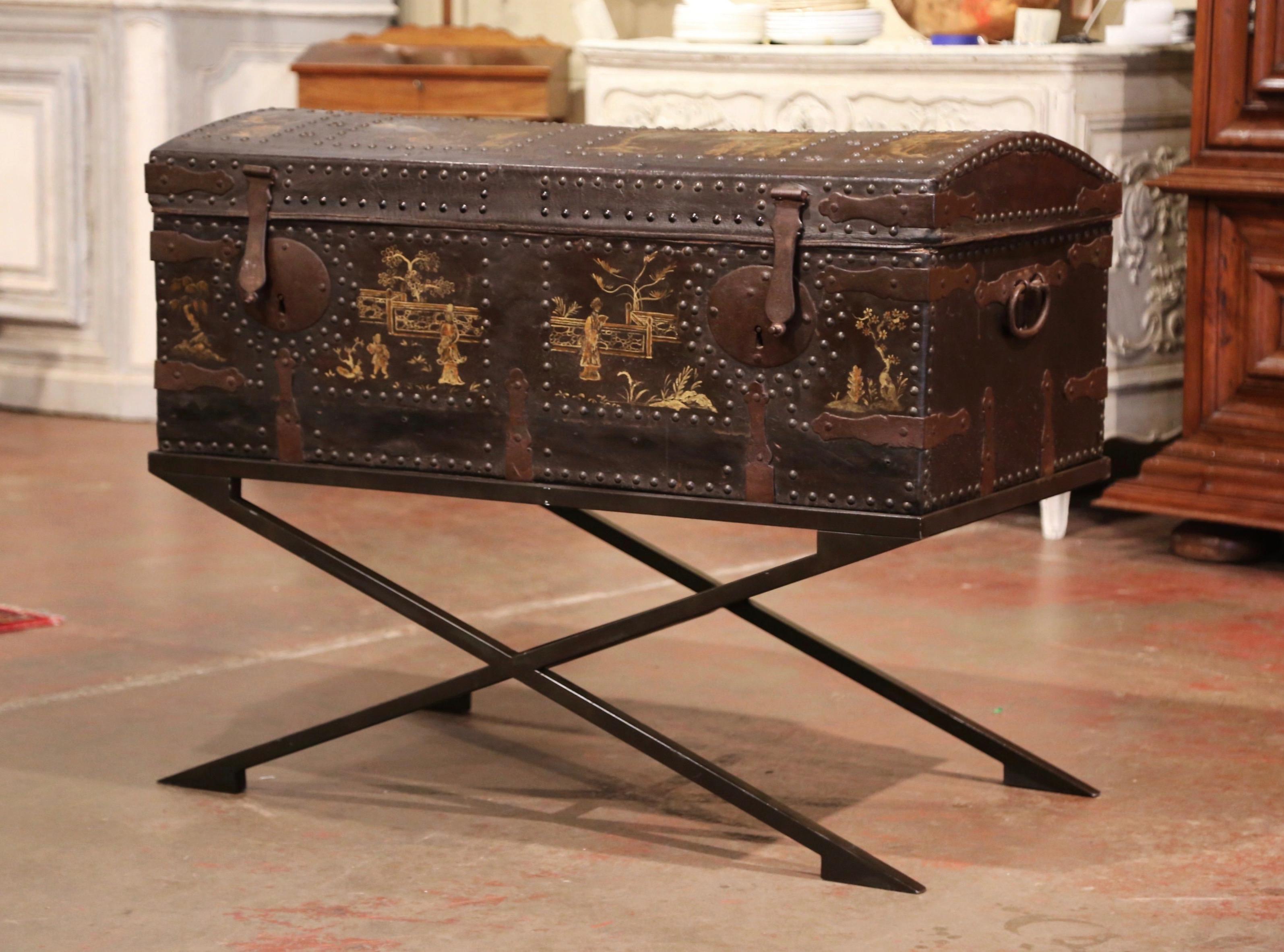 19th Century French Gothic Leather Trunk in Iron Base with Chinoiserie Decor 3