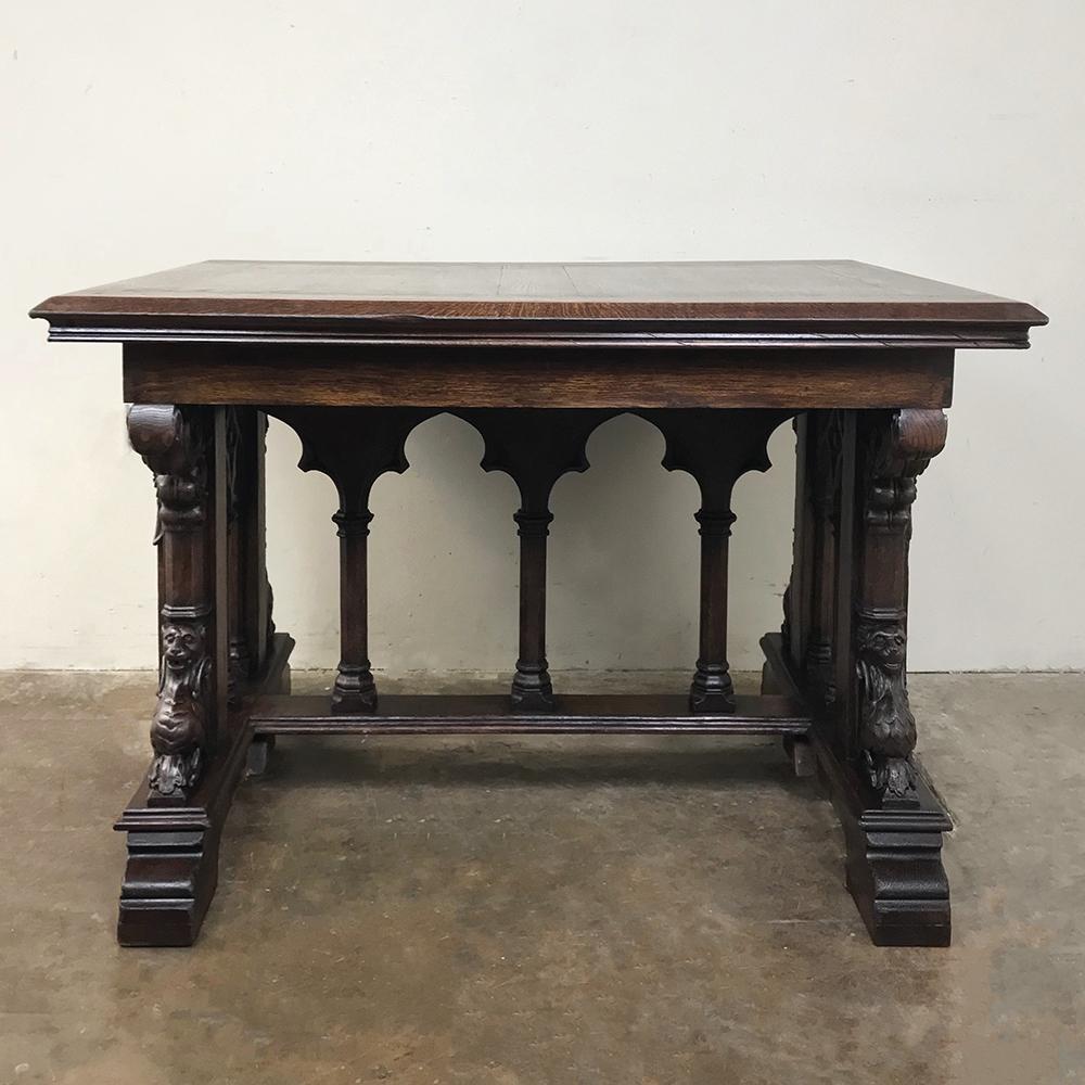 19th century French Gothic library table makes a great ancillary table for the office, as well! Handcrafted to a high degree of detail from old-growth oak, its design has been popular since the middle of the 12th century,

circa 1850s

Measures: