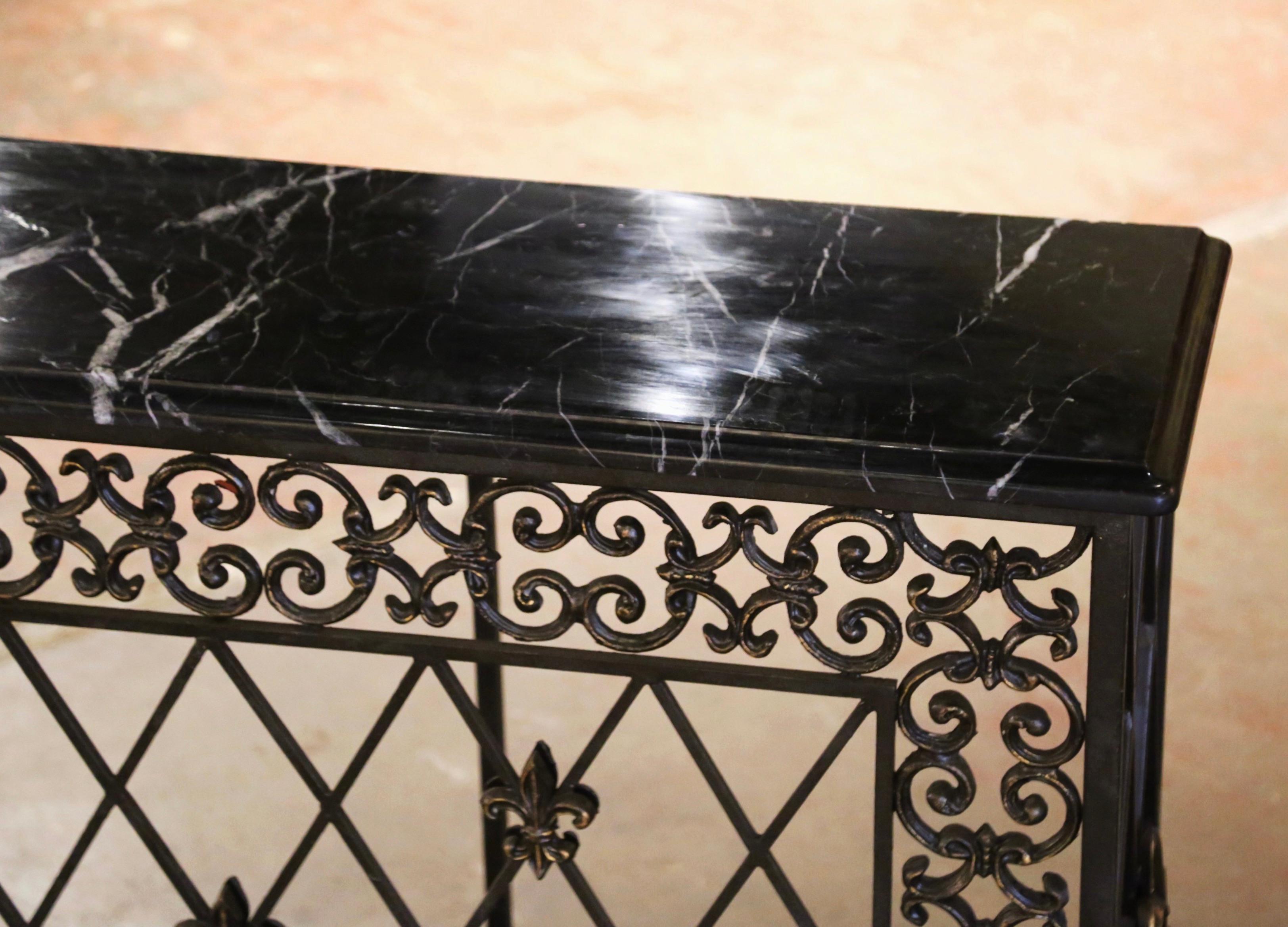 19th Century French Gothic Marble Top and Iron Console Table with Fleurs-de-Lys 6