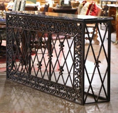 19th Century French Gothic Marble Top and Iron Console Table with Fleurs-de-Lys