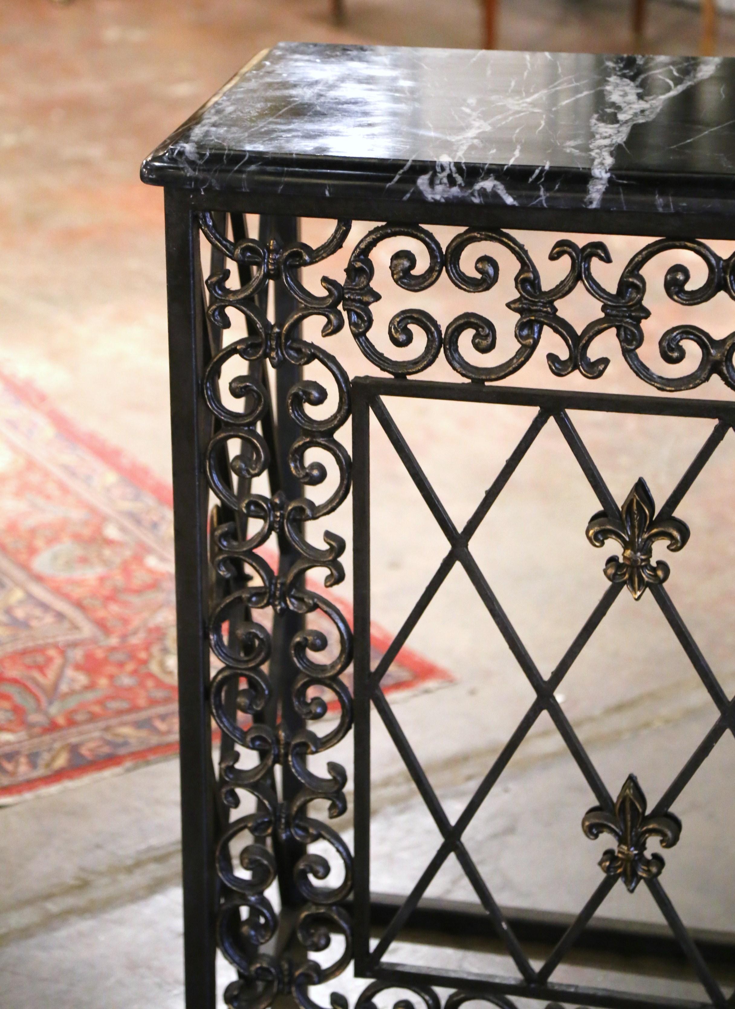 Brass 19th Century French Gothic Marble Top and Iron Console Table with Fleurs-de-Lys