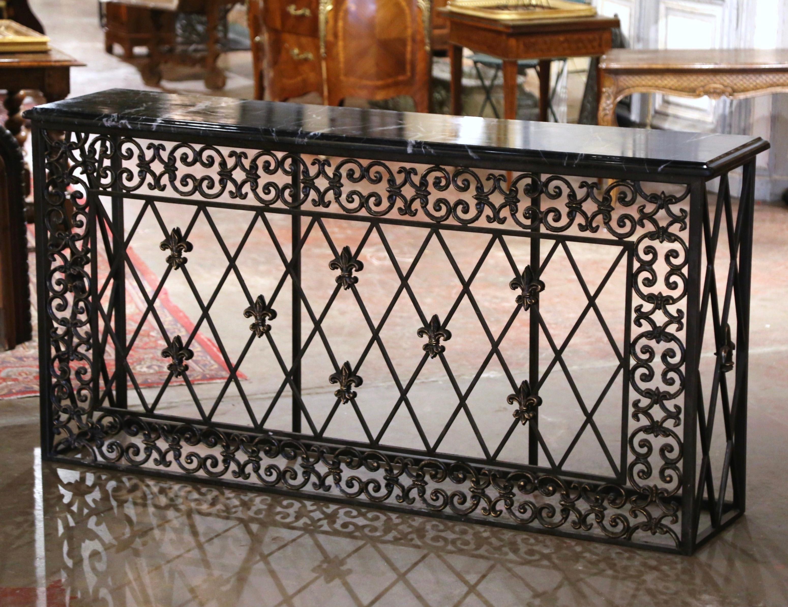19th Century French Gothic Marble Top and Iron Console Table with Fleurs-de-Lys 1