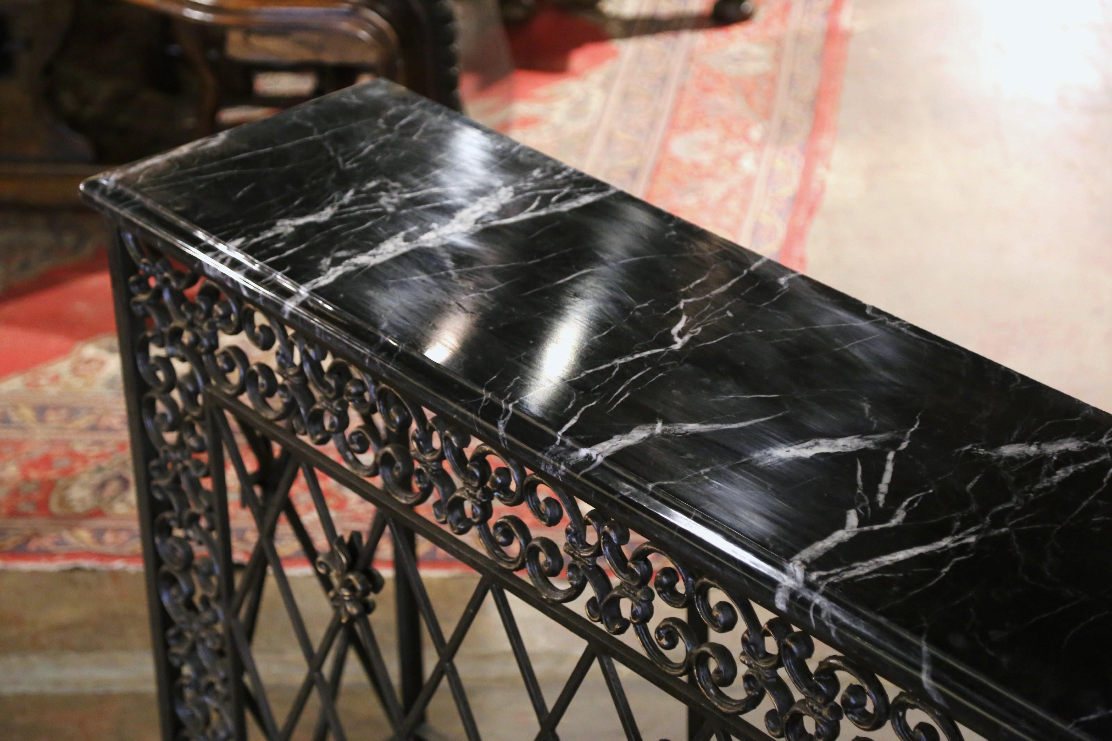 19th Century French Gothic Marble Top and Iron Console Table with Fleurs-de-Lys 3