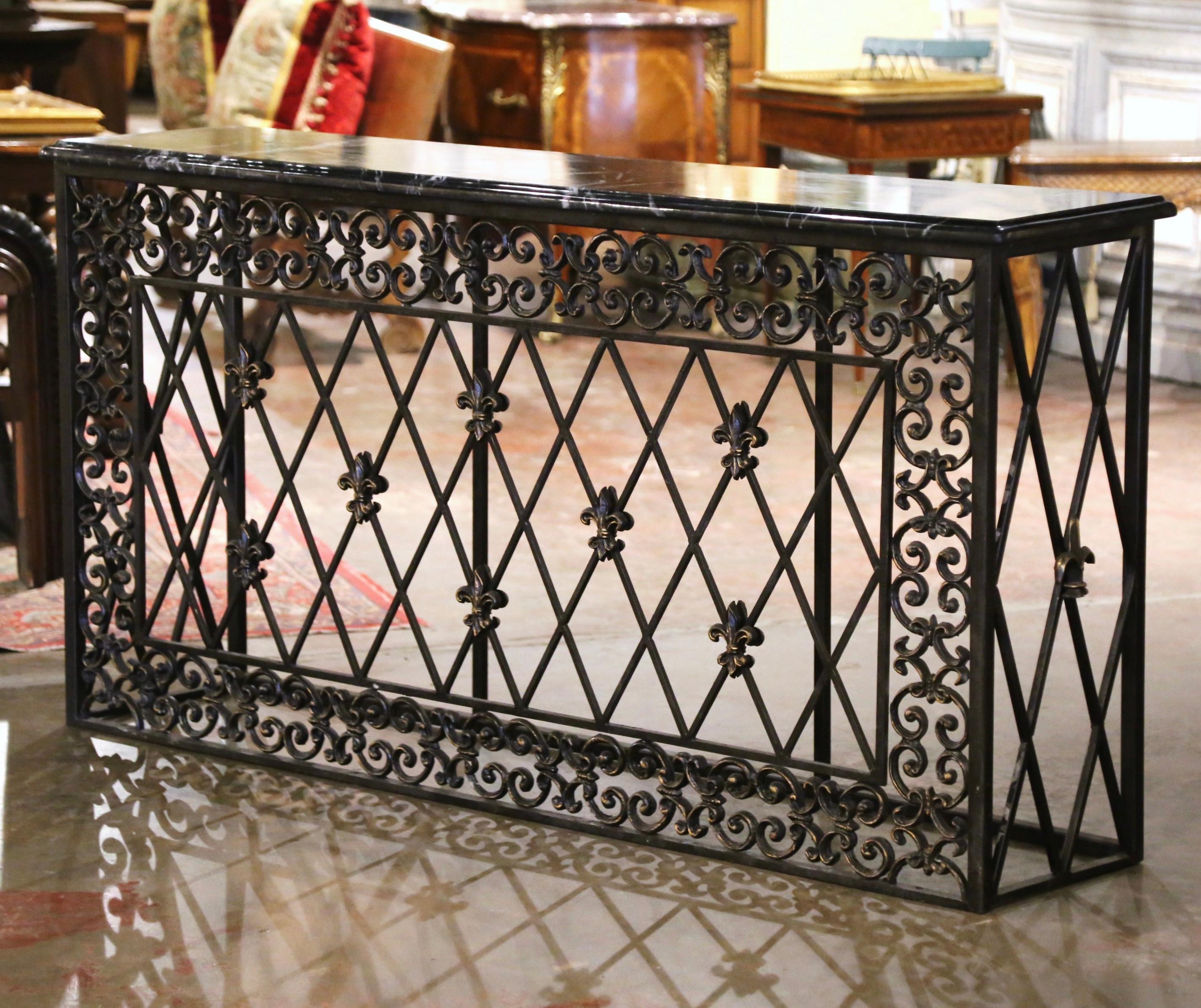 19th Century French Gothic Marble Top and Iron Console Table with Fleurs-de-Lys 4