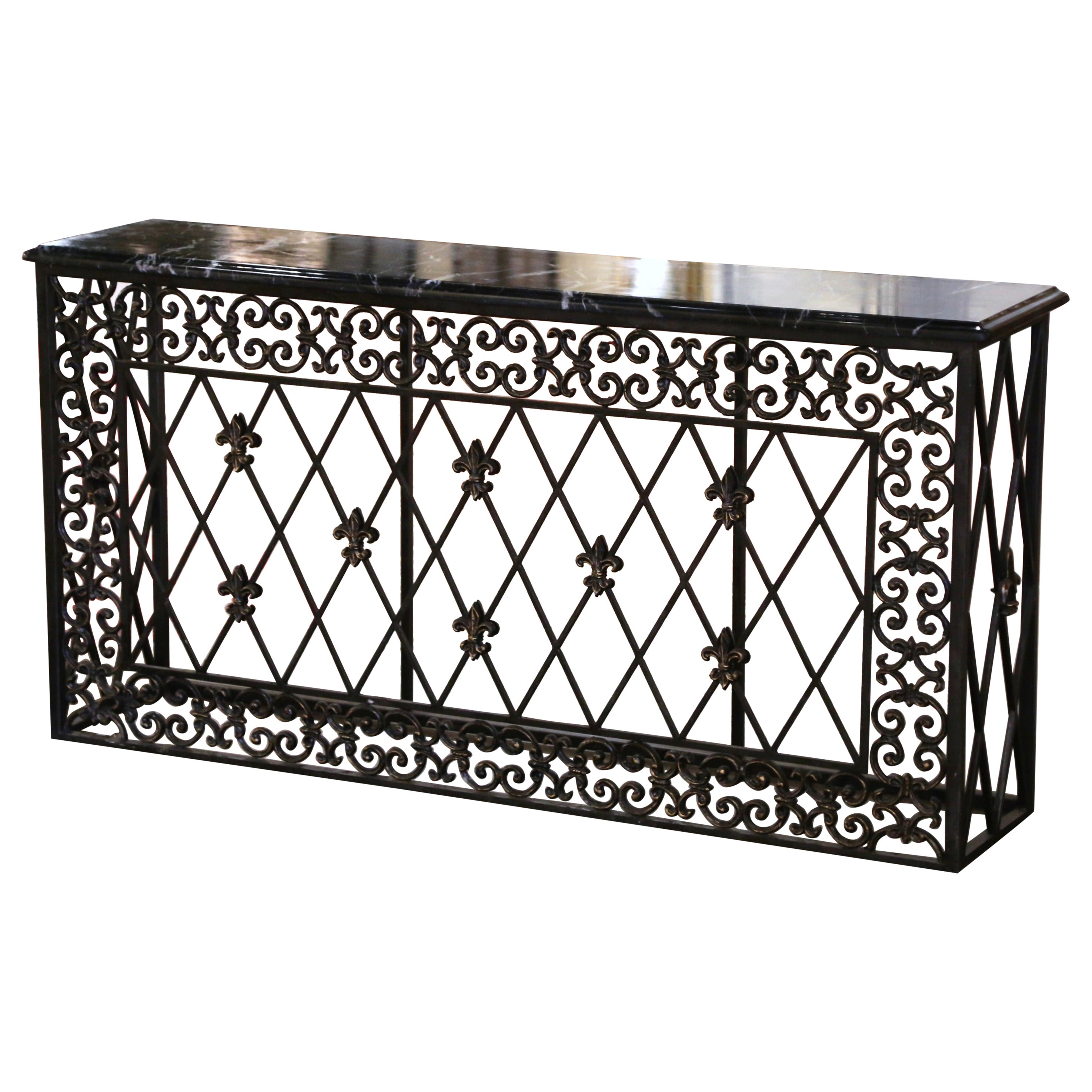 19th Century French Gothic Marble Top and Iron Console Table with Fleurs-de-Lys