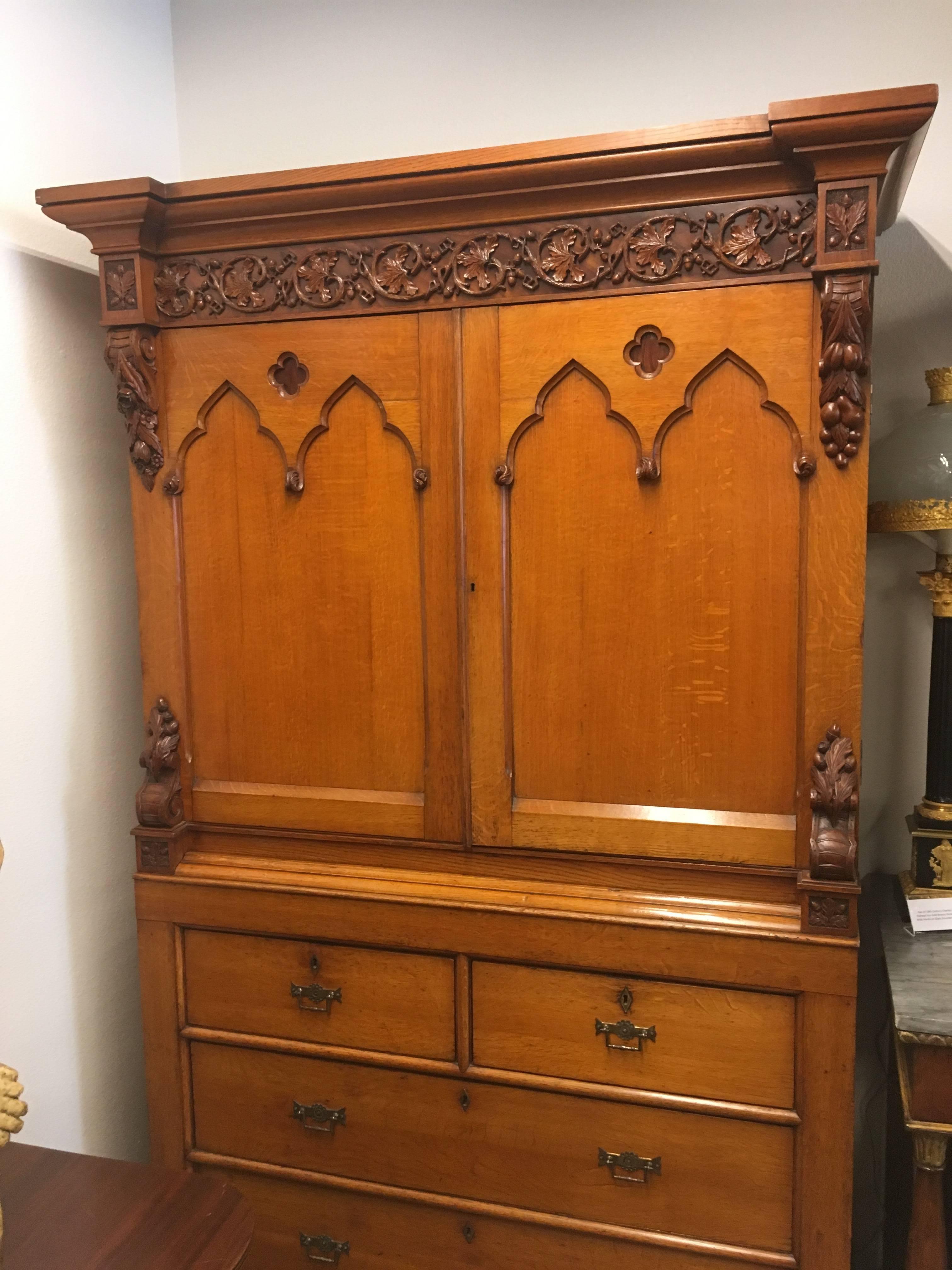 Hand-Carved 19th Century French Gothic Oak Cabinet For Sale