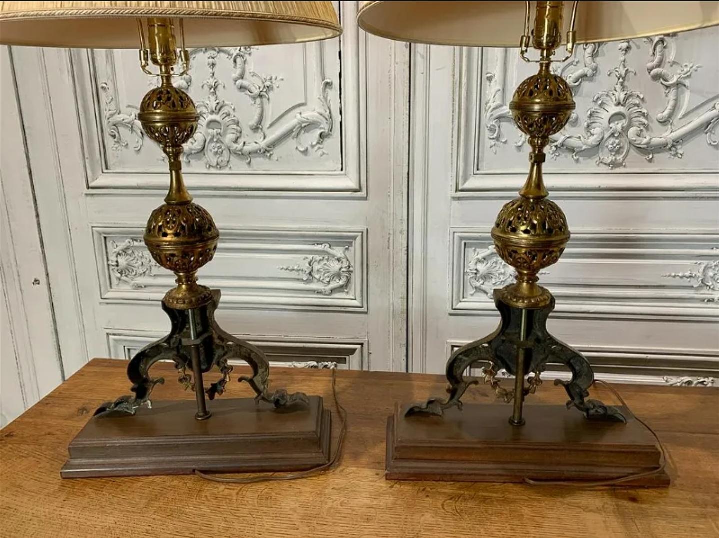 19th Century French Gothic Revival Andirons Mounted As Table Lamps - A Pair  For Sale 14