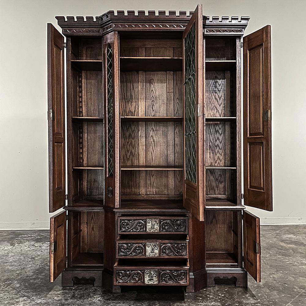 19th Century French Gothic Revival Bookcase with Stained Glass In Good Condition For Sale In Dallas, TX
