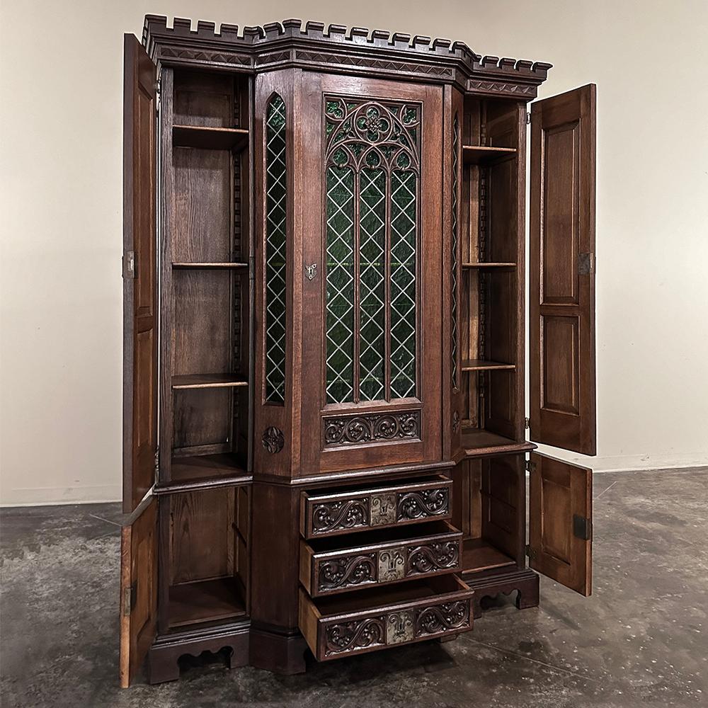 Late 19th Century 19th Century French Gothic Revival Bookcase with Stained Glass For Sale