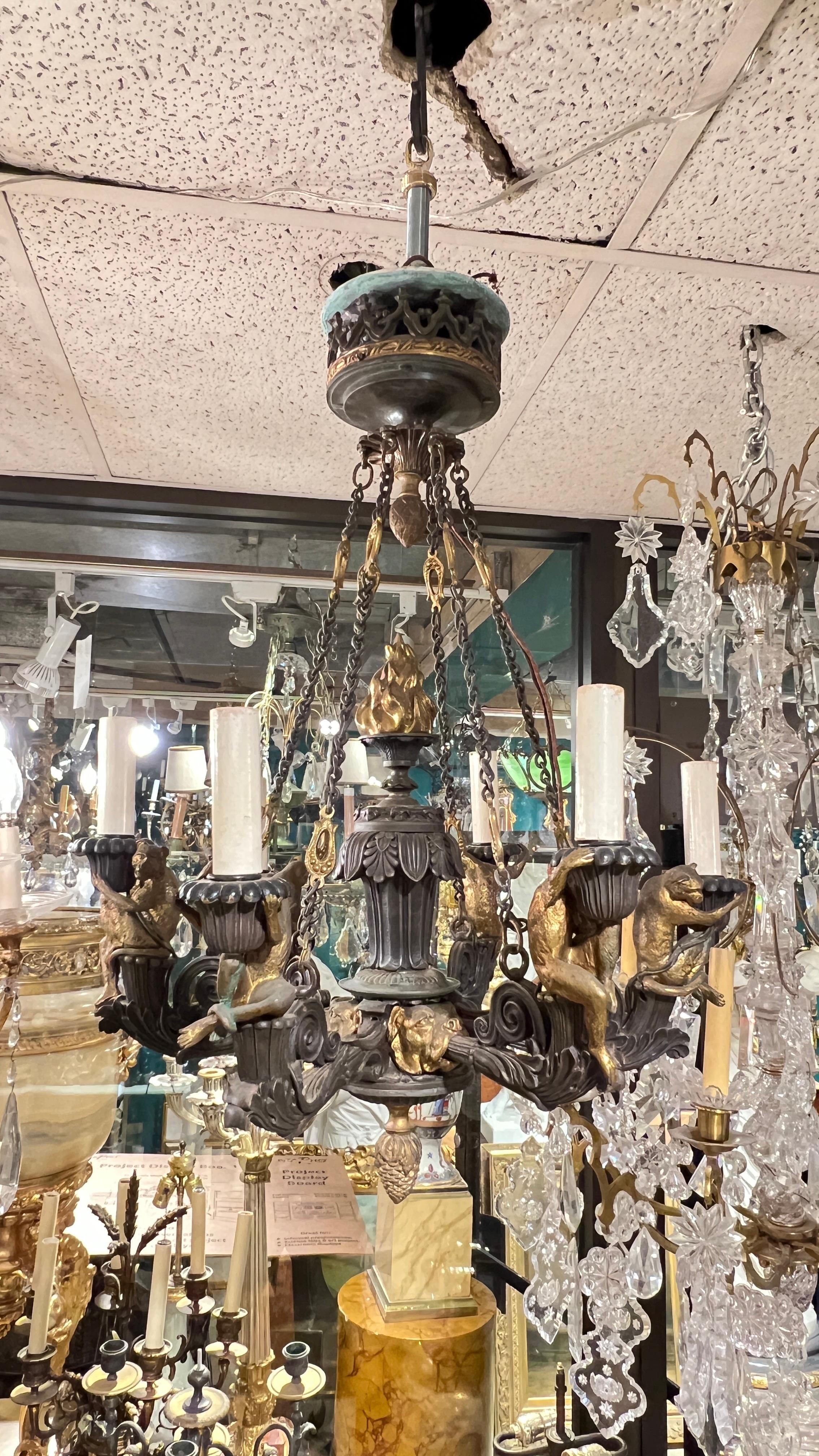 19th Century French Gothic Revival Bronze Chandelier with Monkeys 9