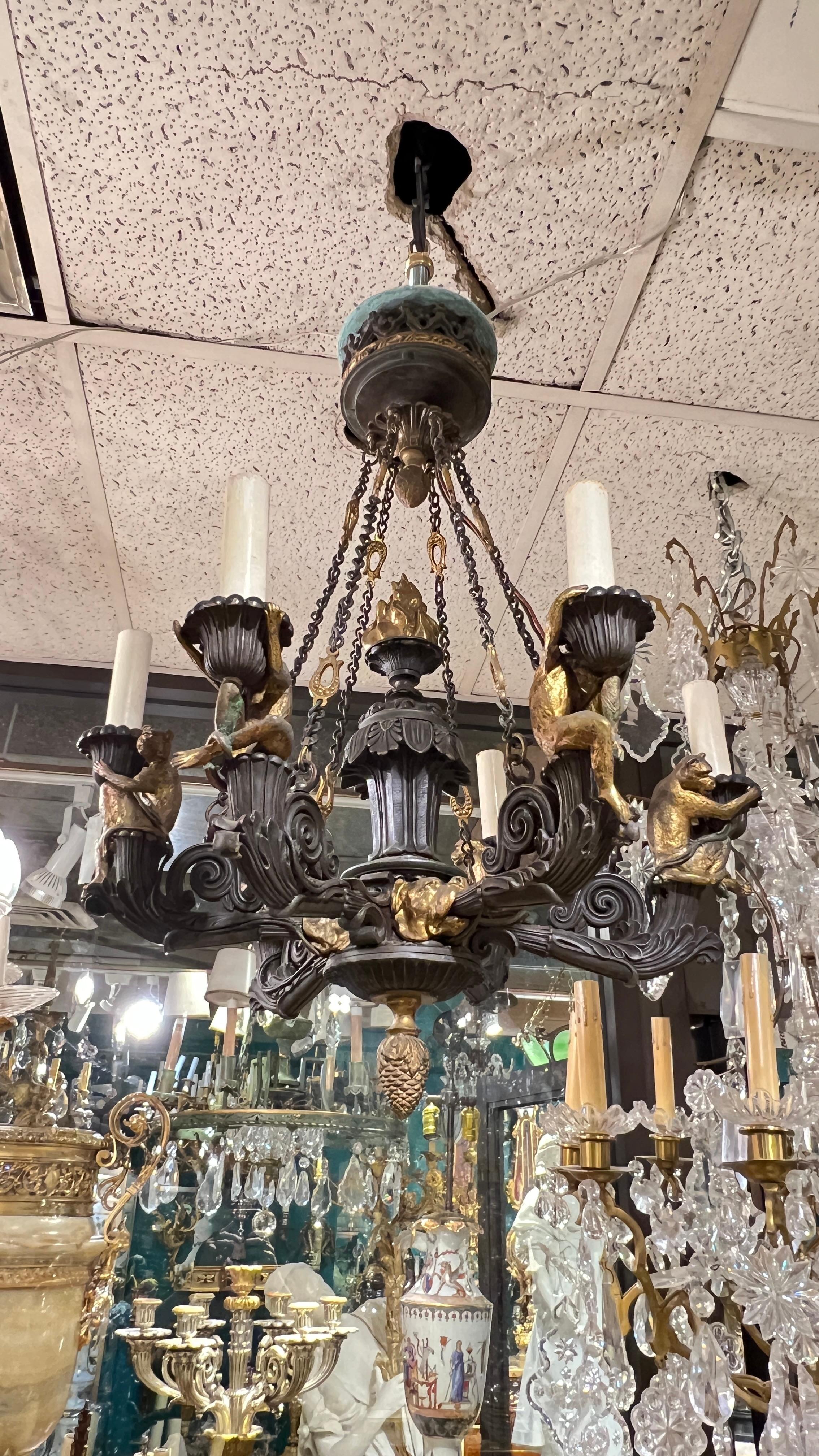 19th Century French Gothic Revival Bronze Chandelier with Monkeys 10
