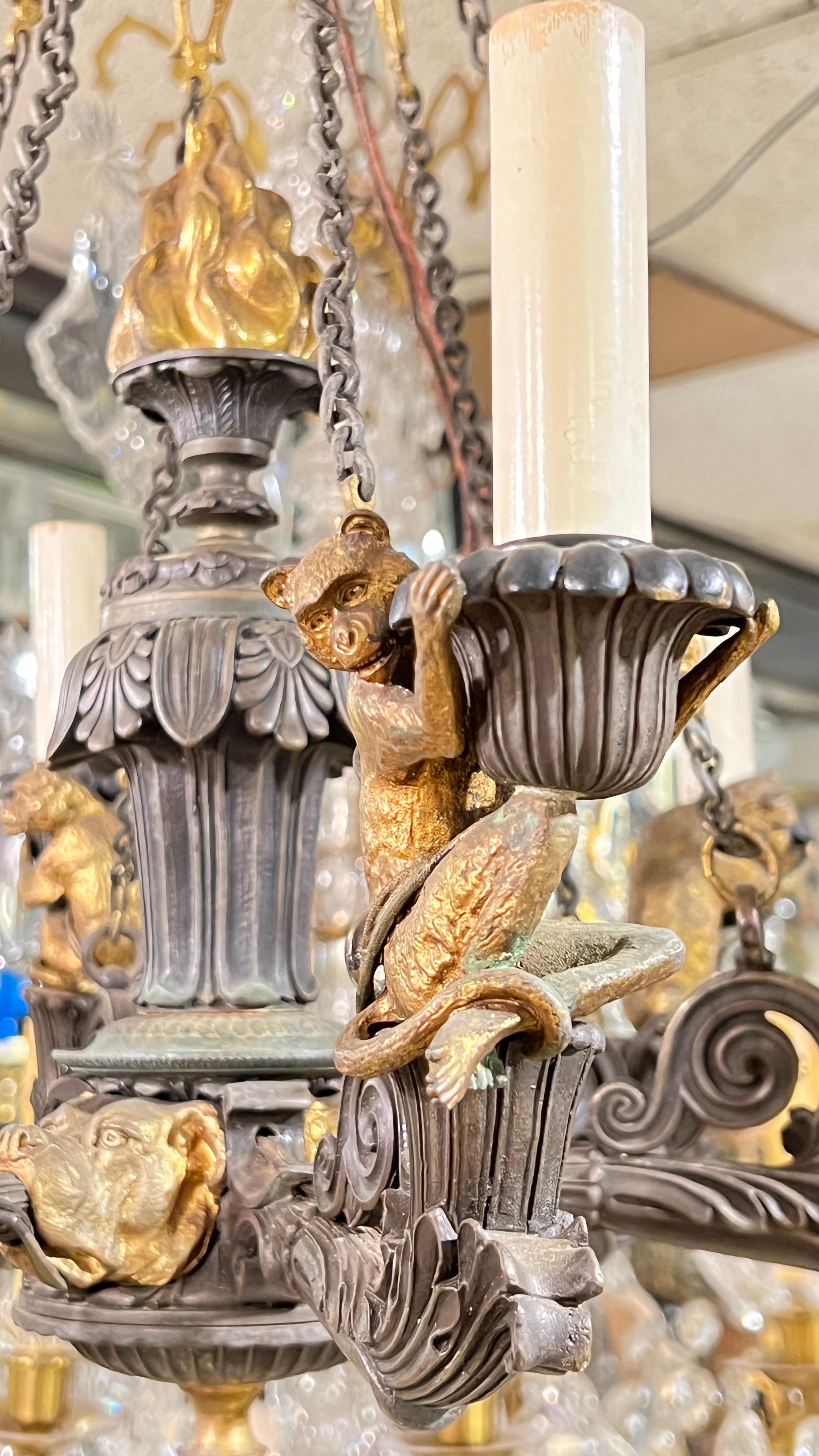 19th Century French Gothic Revival Bronze Chandelier with Monkeys 14