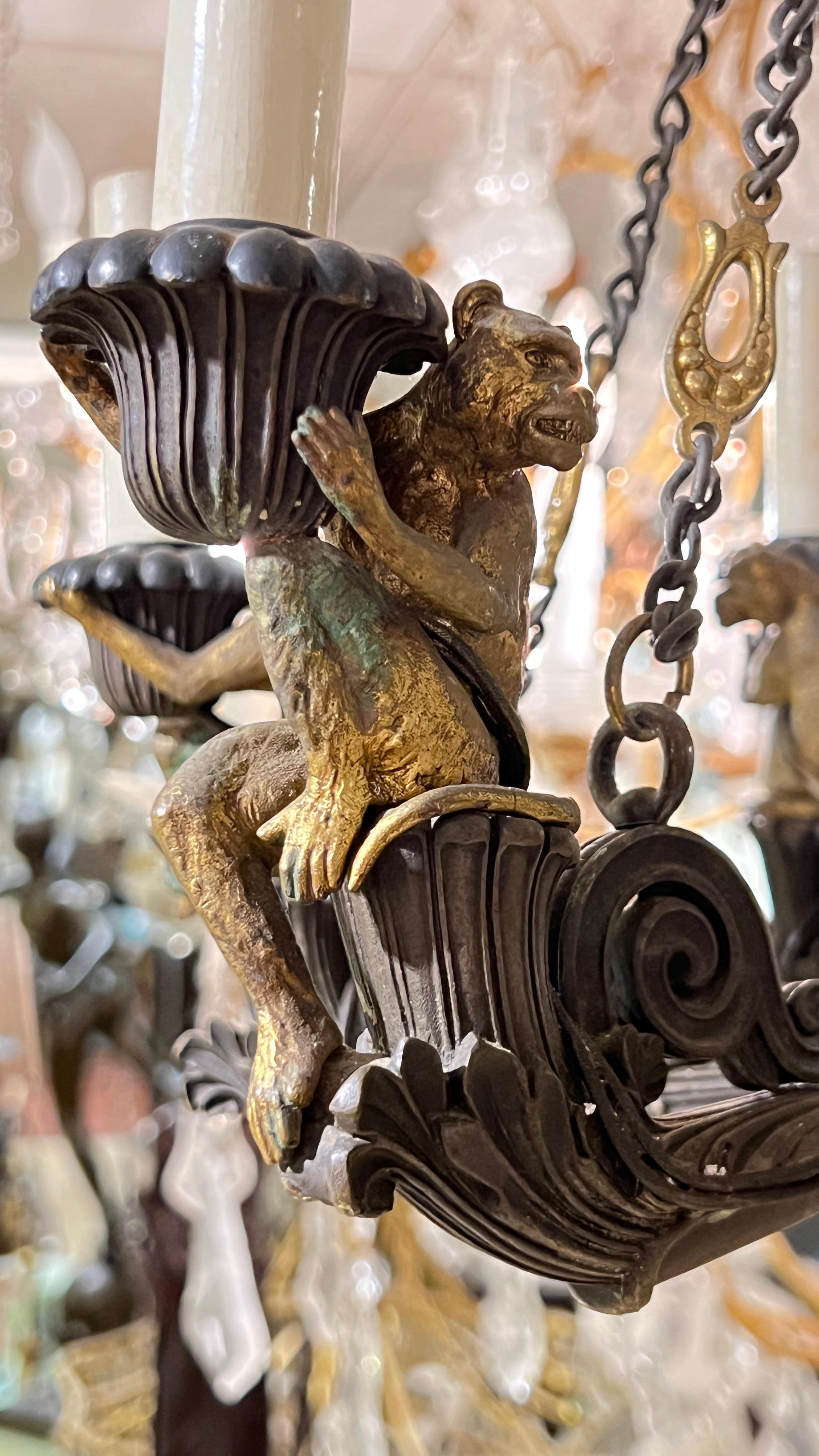 19th Century French Gothic Revival Bronze Chandelier with Monkeys 15