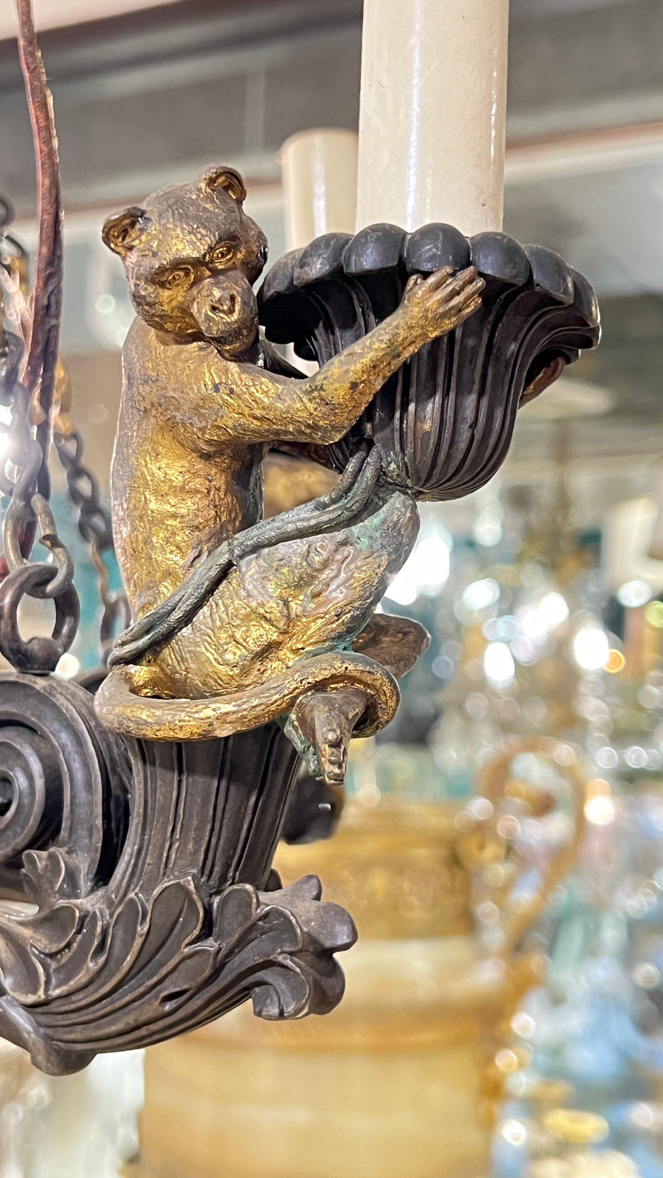 19th Century French Gothic Revival Bronze Chandelier with Monkeys 16