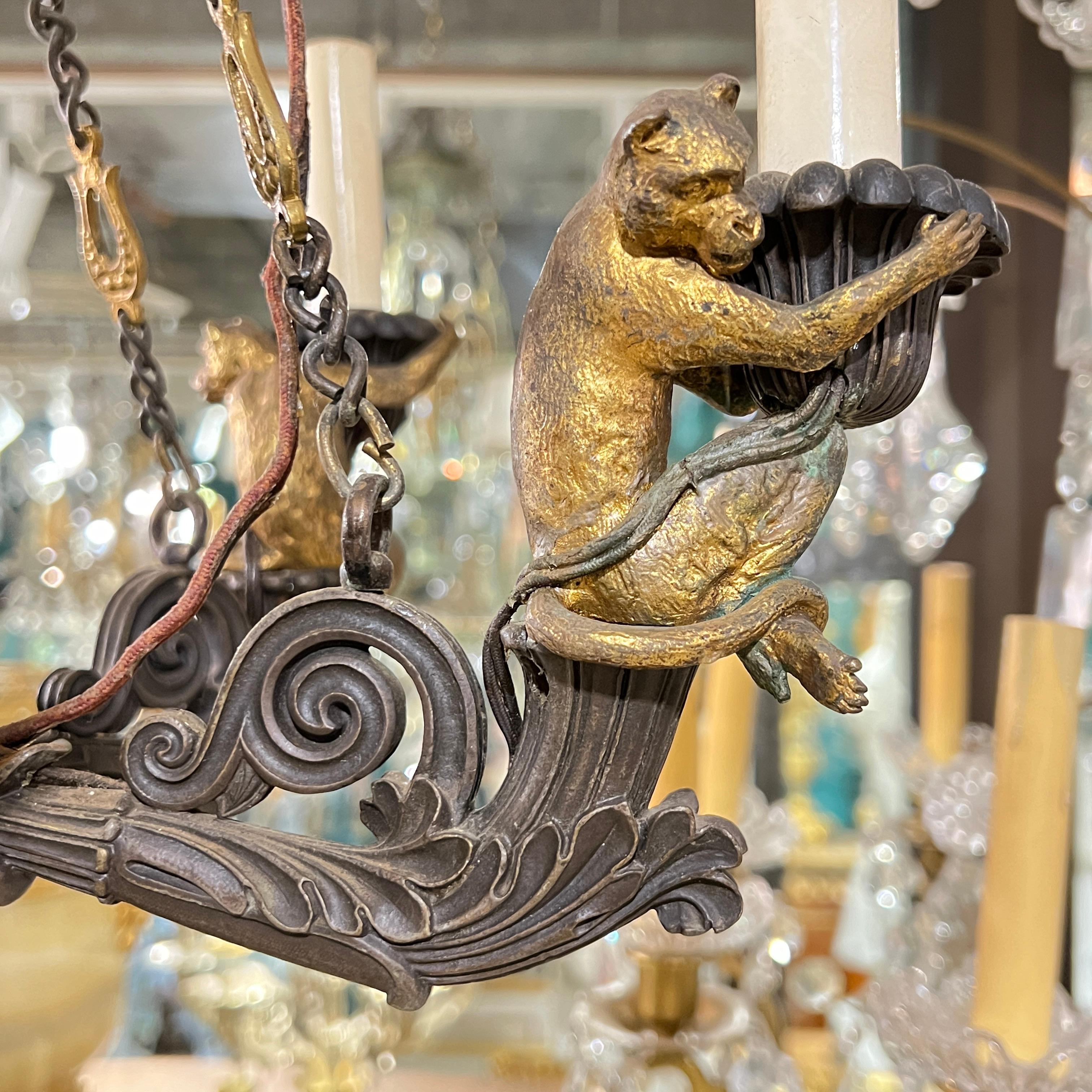 19th Century French Gothic Revival Bronze Chandelier with Monkeys 1