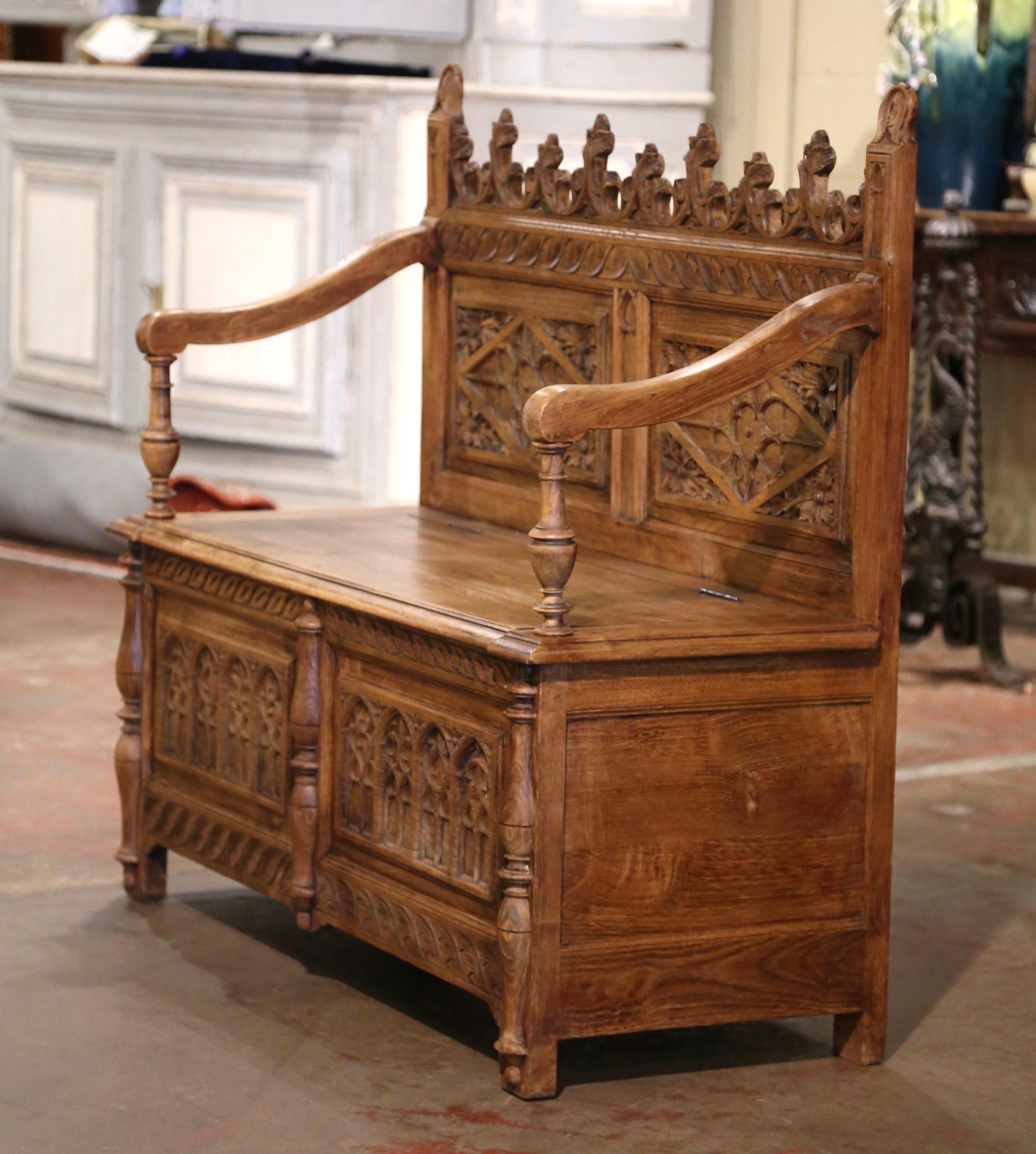 19th Century French Gothic Revival Carved Bleached Oak Hall Bench with Trapdoor For Sale 7