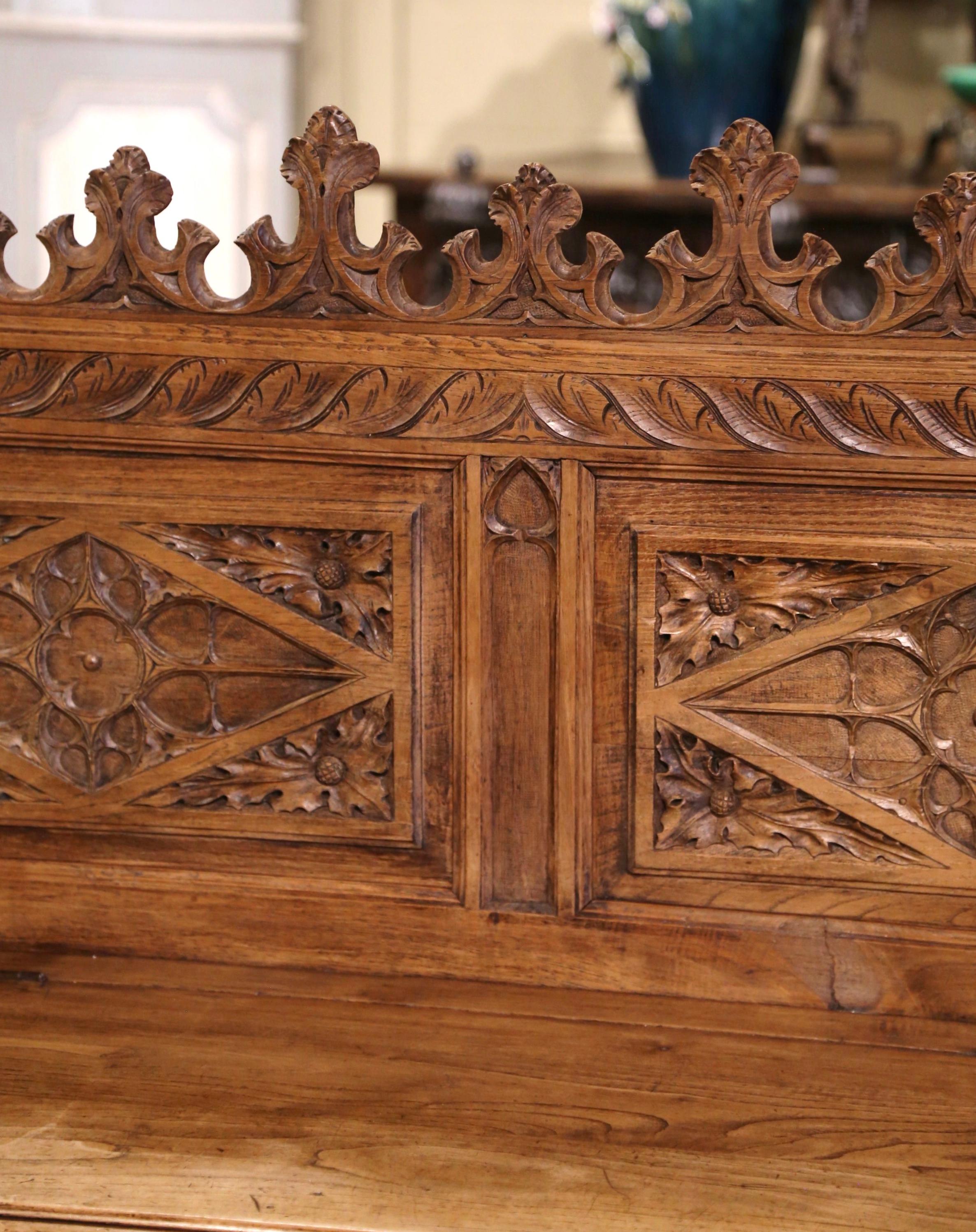 19th Century French Gothic Revival Carved Bleached Oak Hall Bench with Trapdoor In Excellent Condition For Sale In Dallas, TX