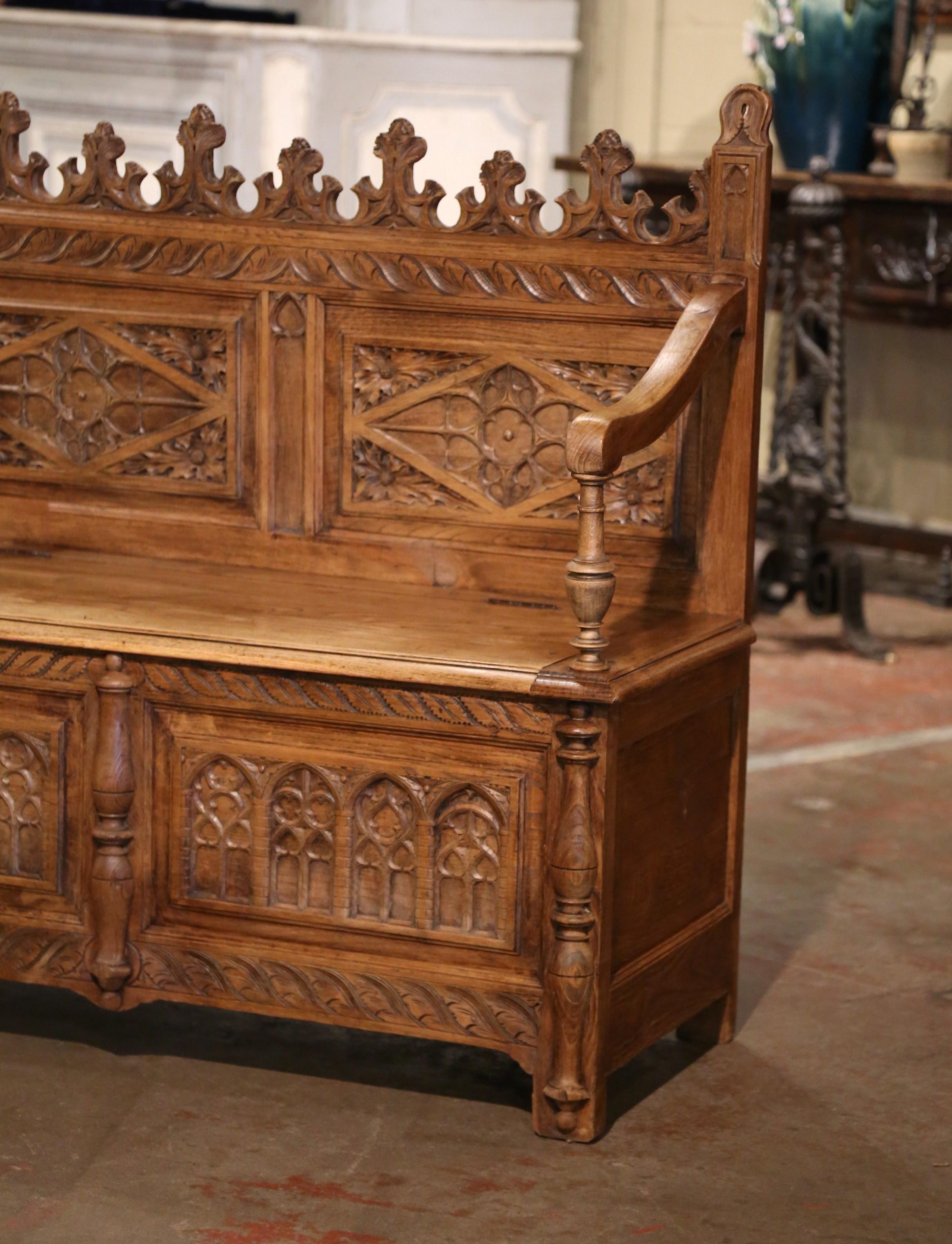 19th Century French Gothic Revival Carved Bleached Oak Hall Bench with Trapdoor For Sale 1