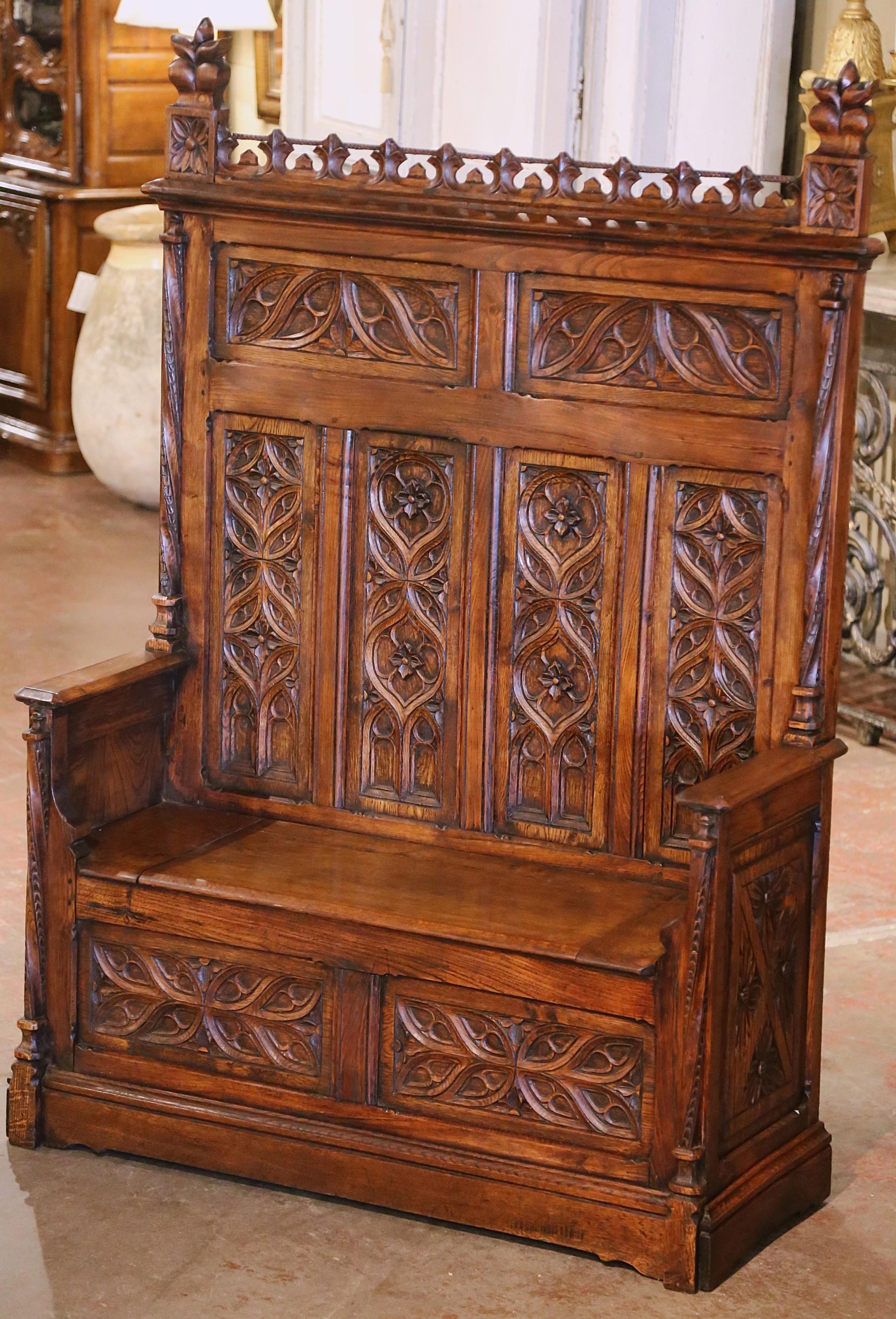 19th Century French Gothic Revival Carved Oak Hall Bench with Trapdoor 2