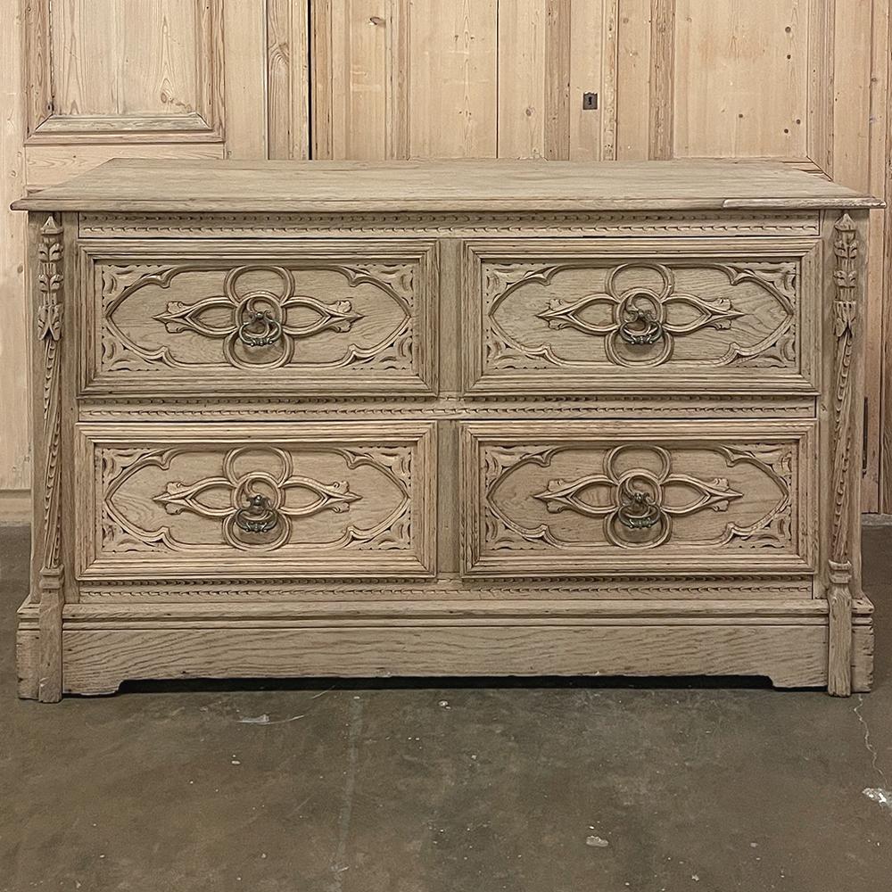 Hand-Carved 19th Century French Gothic Revival Commode ~ Chest of Drawers in Stripped Oak For Sale