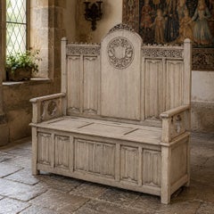 19th Century French Gothic Revival Hall Bench in Stripped Oak