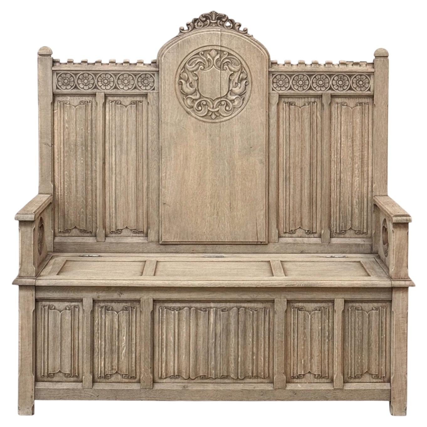 19th Century French Gothic Revival Hall Bench in Stripped Oak