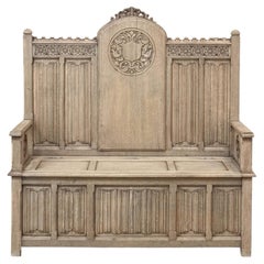 19th Century French Gothic Revival Hall Bench in Stripped Oak