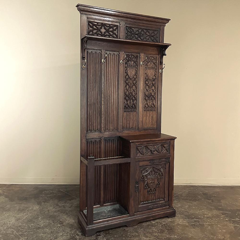 19th Century French Gothic Revival Hall Tree ~ Confiturier is an amazing combination of timeless style, efficient space utilization, and handy functionality!  Designed to be placed near the entry, it provides a splendid style statement that dates