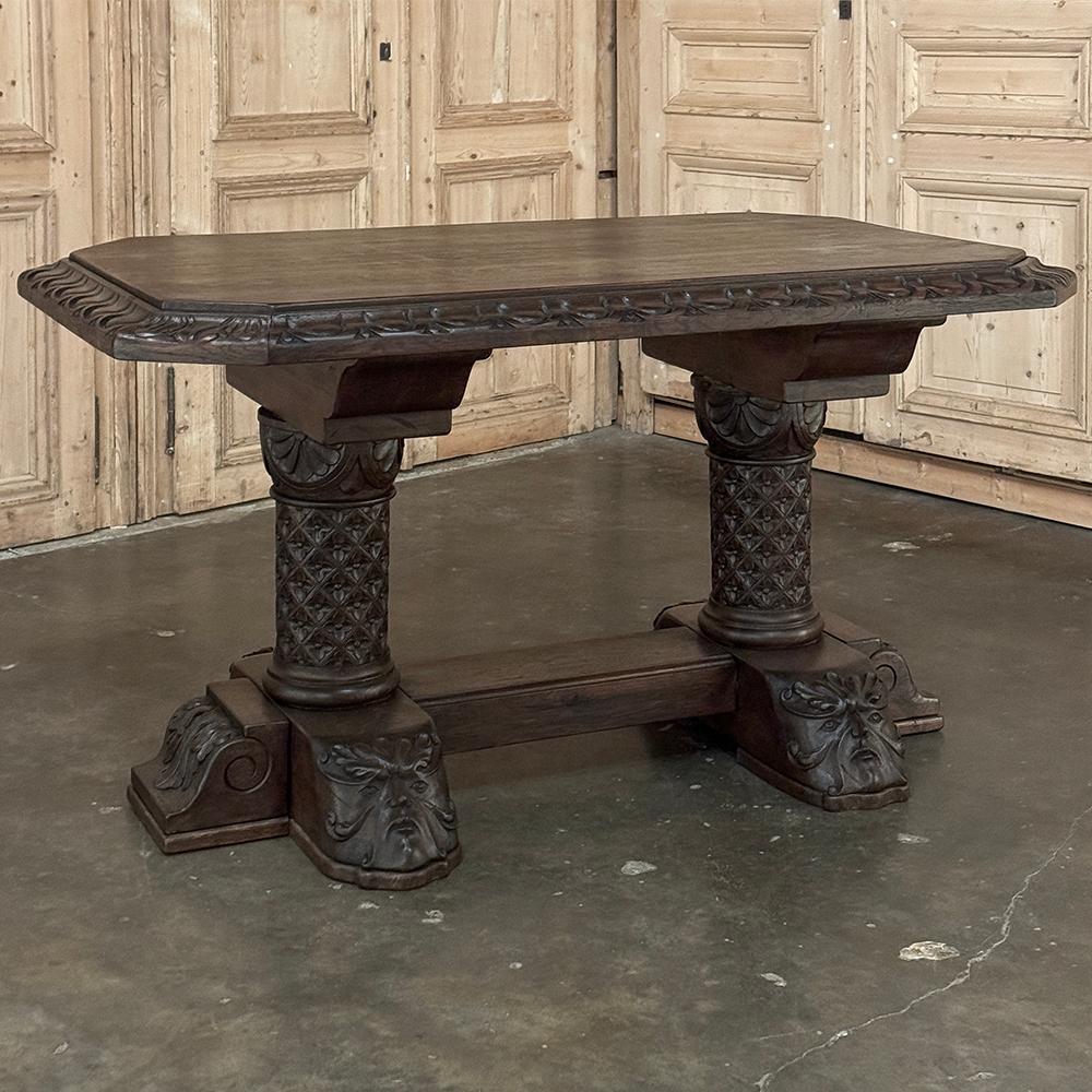 19th Century French Gothic Revival Library Table was fashioned from thick planks and beams of solid maple to literally last for centuries!  The heavy top which features generously mitered corners to create a traffic friendly design, has been richly