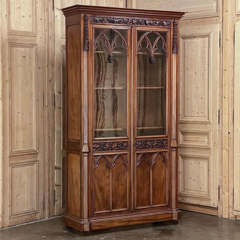 19th century French Gothic Revival Walnut Bookcase ~ Bibliotheque is a study in craftsmanship that transcends mere cabinetmaking into the realm of art! Of course, it is a stellar display case for your books or other collections and memorabilia,