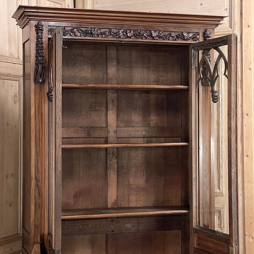 Glass 19th Century French Gothic Revival Walnut Bookcase ~ Bibliotheque For Sale
