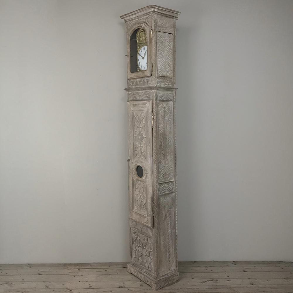 Hand-Carved 19th Century French Gothic Stripped Oak Long Case Clock