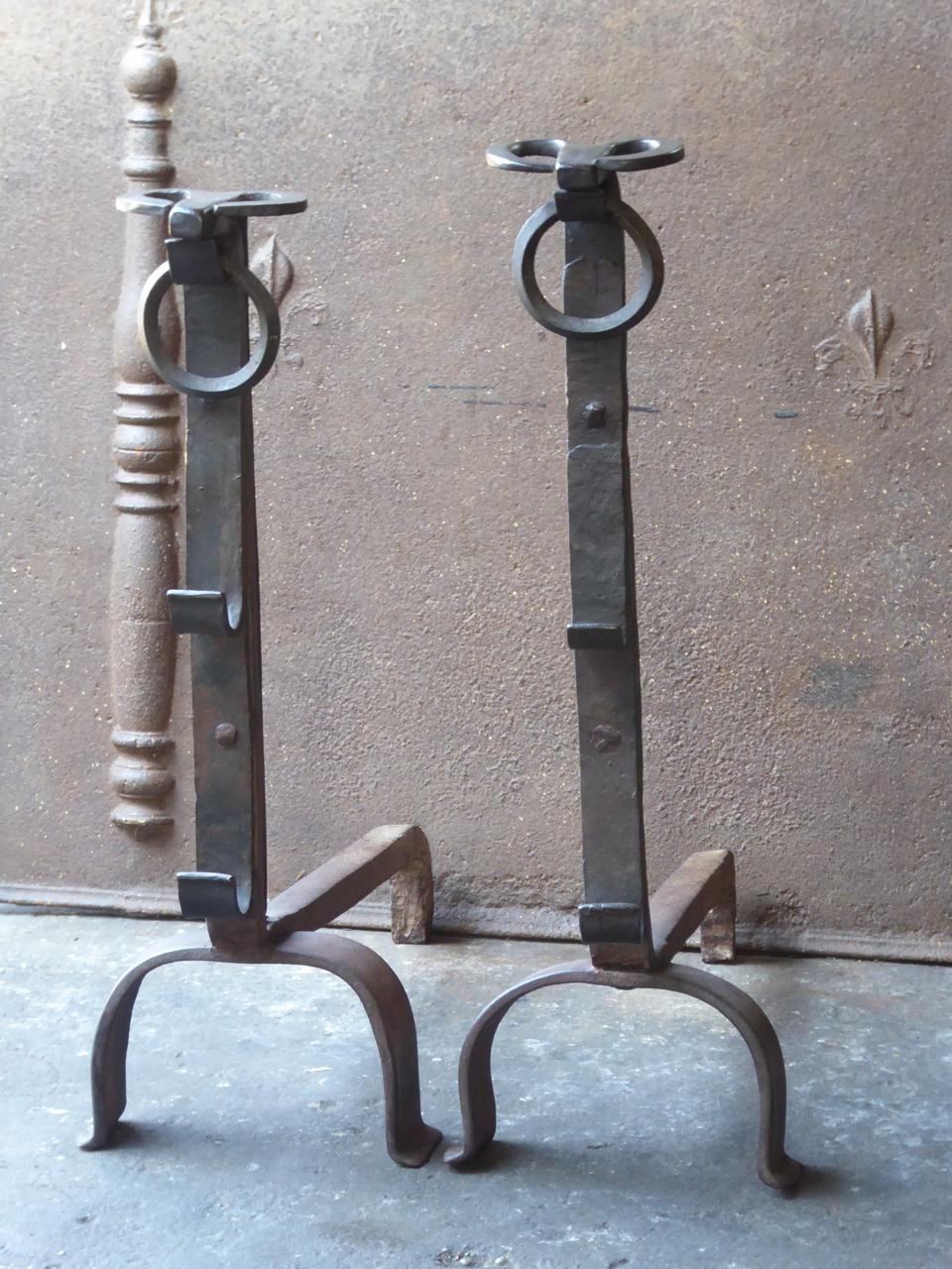 Forged 19th Century French Gothic Style Andirons or Firedogs For Sale