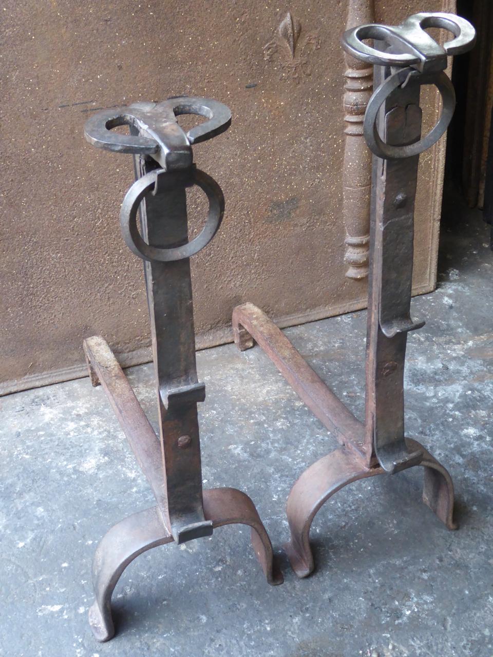 Wrought Iron 19th Century French Gothic Style Andirons or Firedogs For Sale