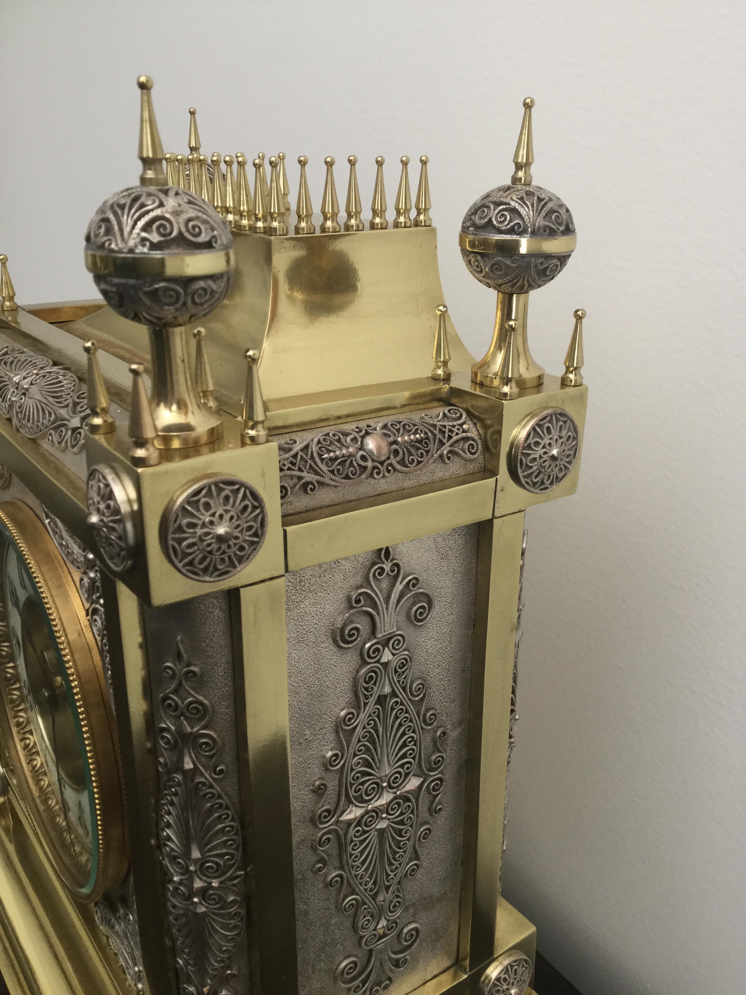 Lacquered French Gothic Style Brass and Silver Filigree Mantel Clock, 19th Century For Sale