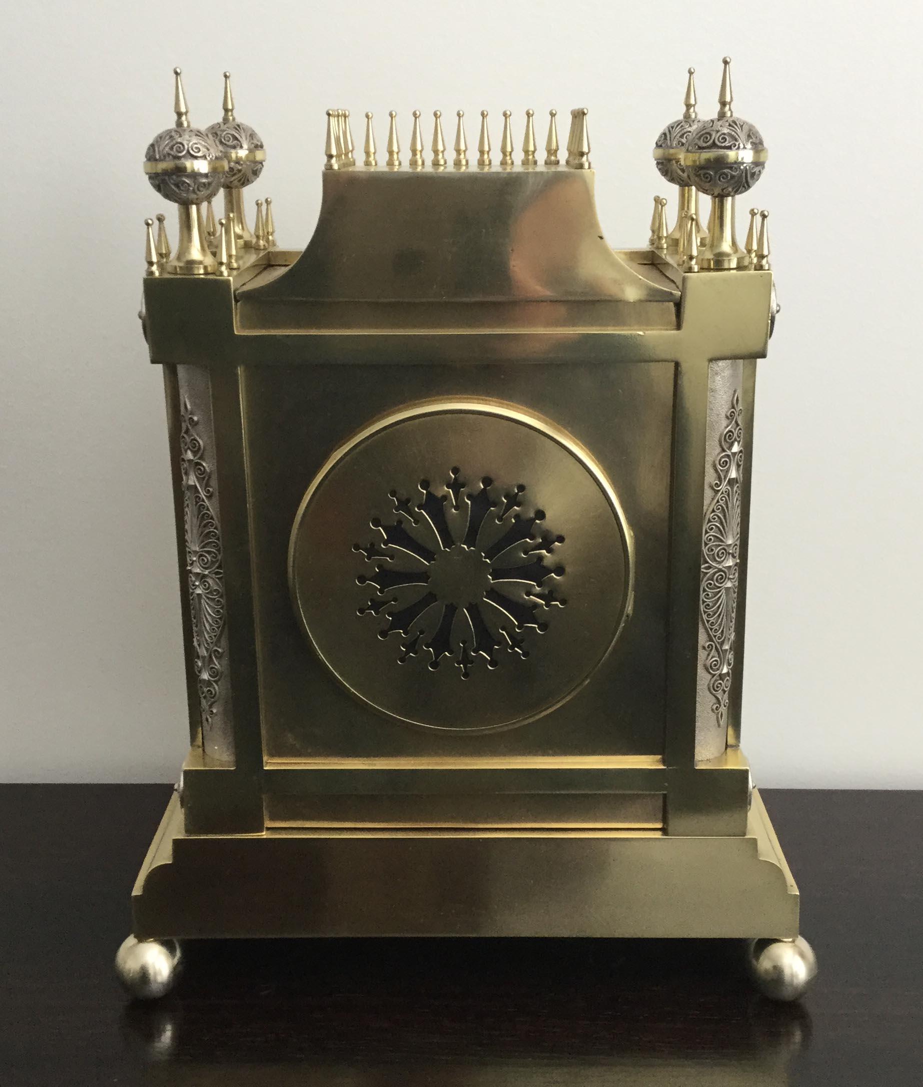 French Gothic Style Brass and Silver Filigree Mantel Clock, 19th Century In Good Condition For Sale In Melbourne, Victoria