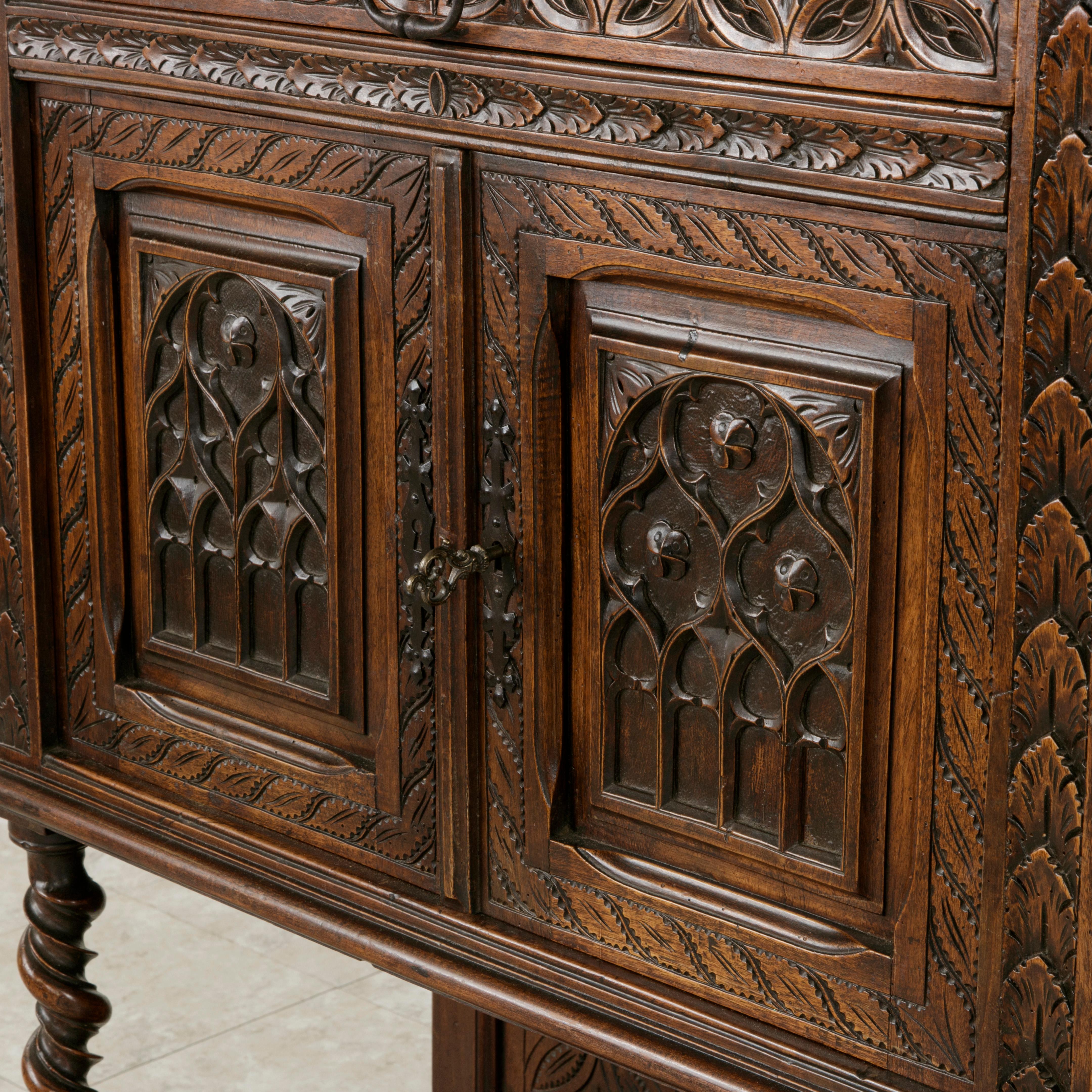 19th Century French Gothic Style Hand Carved Oak and Walnut Cabinet or Credenza 3