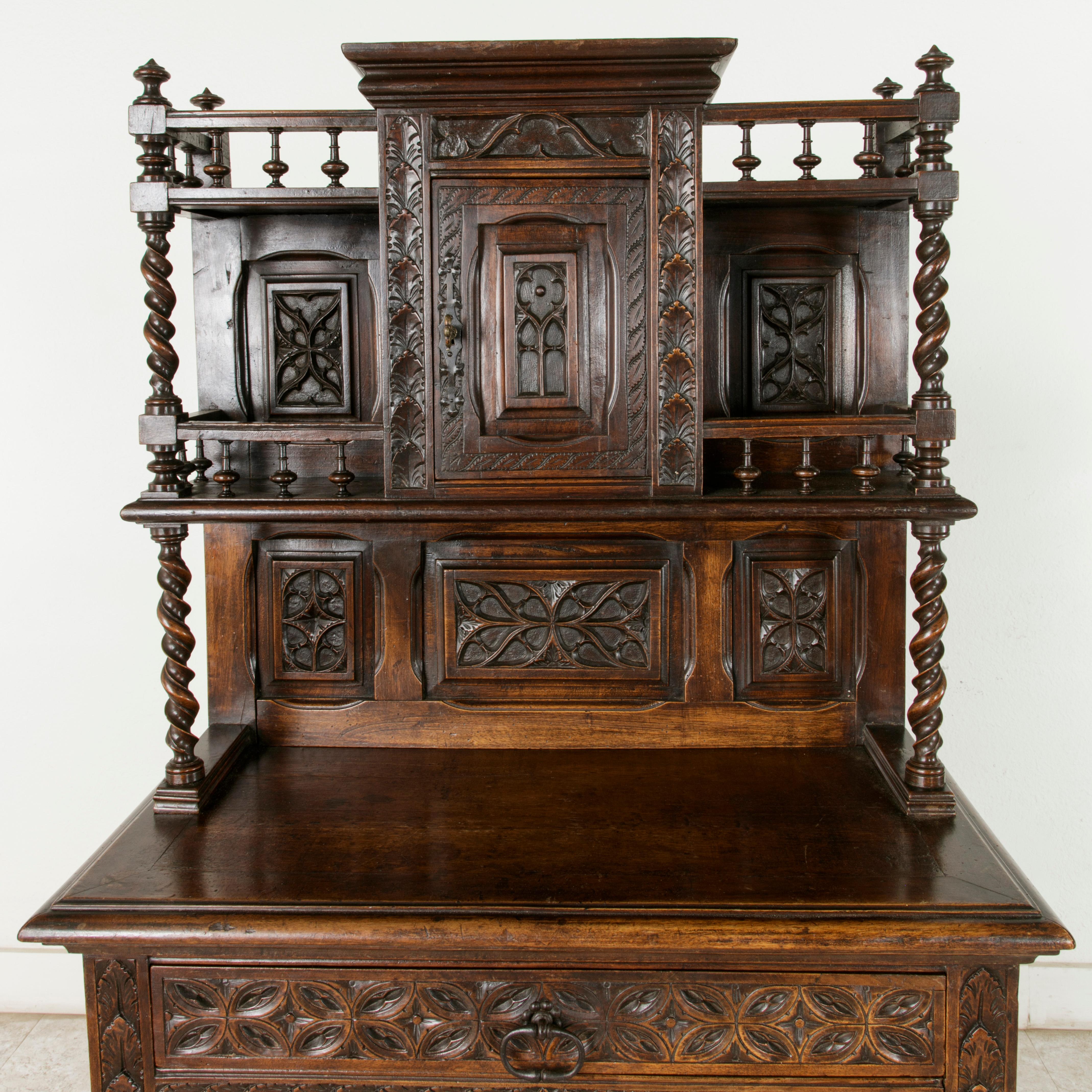 19th Century French Gothic Style Hand Carved Oak and Walnut Cabinet or Credenza In Good Condition In Fayetteville, AR