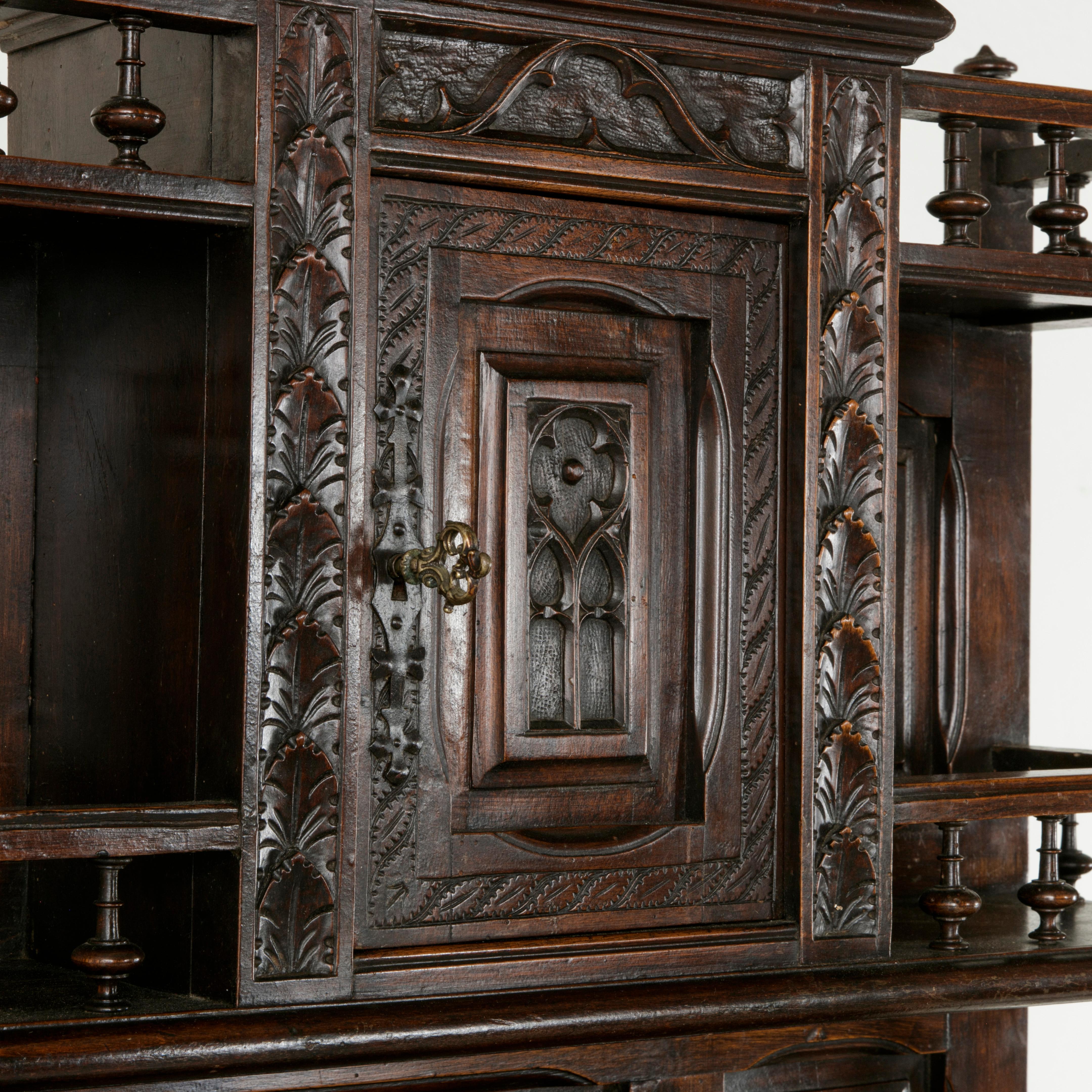 Late 19th Century 19th Century French Gothic Style Hand Carved Oak and Walnut Cabinet or Credenza