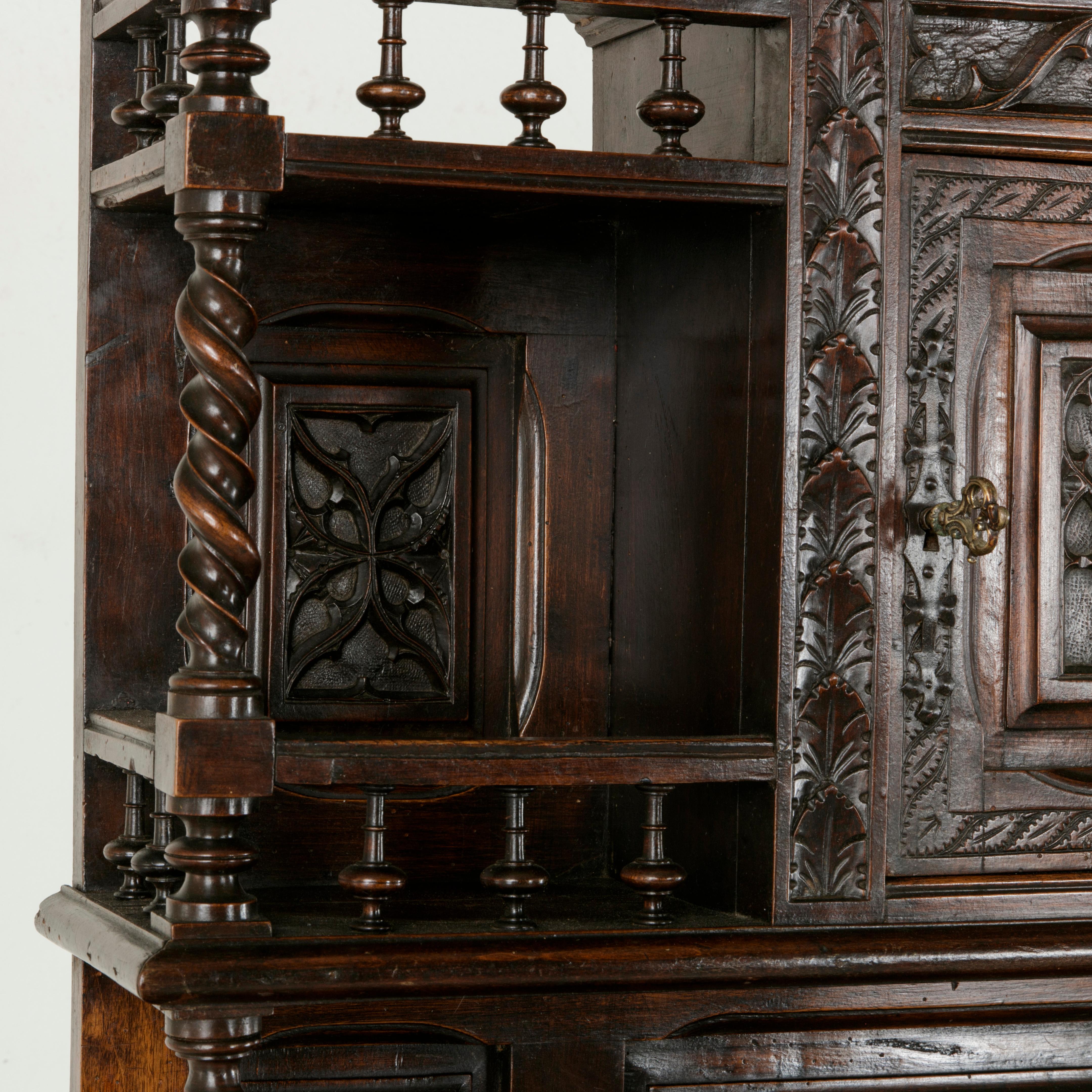 19th Century French Gothic Style Hand Carved Oak and Walnut Cabinet or Credenza 1