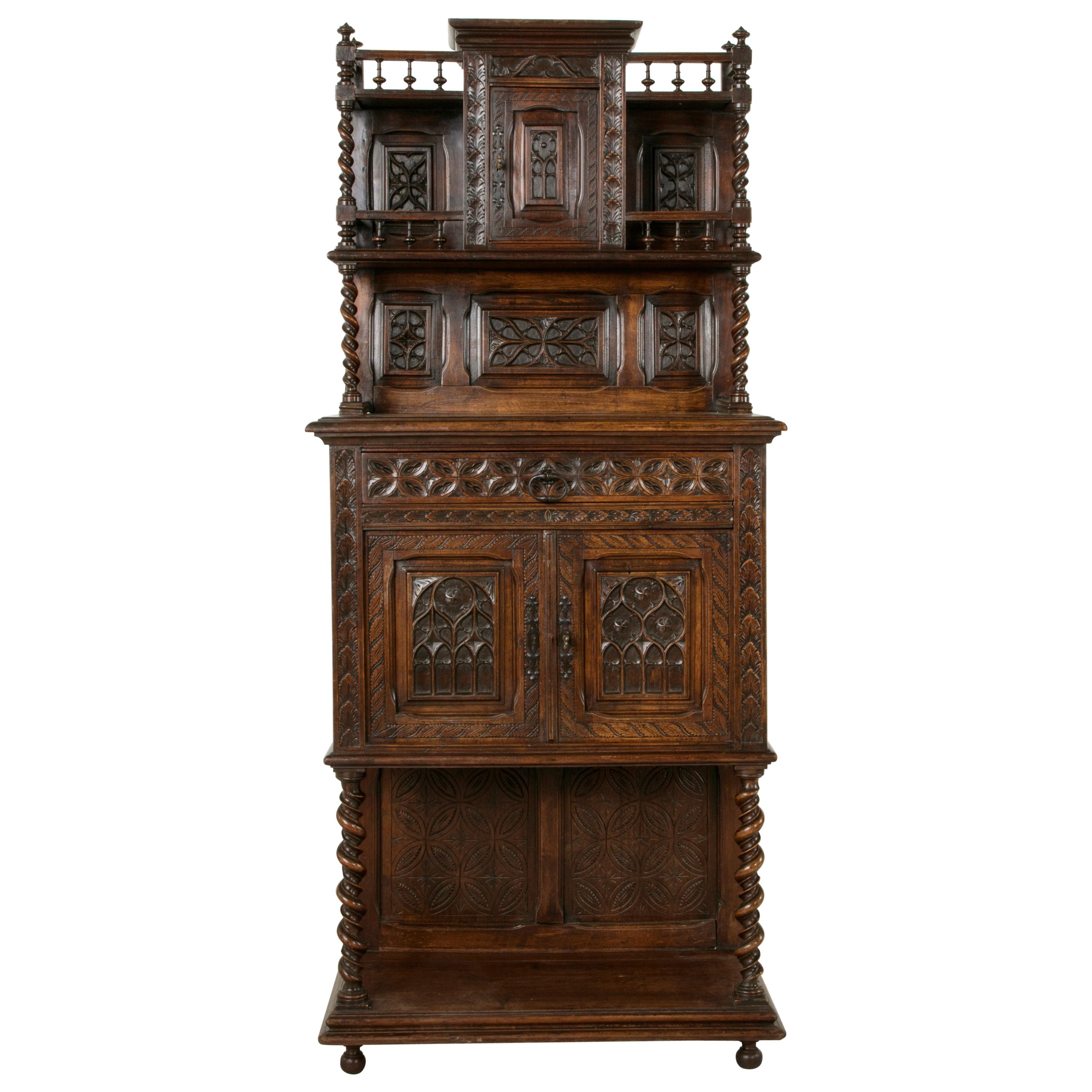 19th Century French Gothic Style Hand Carved Oak and Walnut Cabinet or Credenza