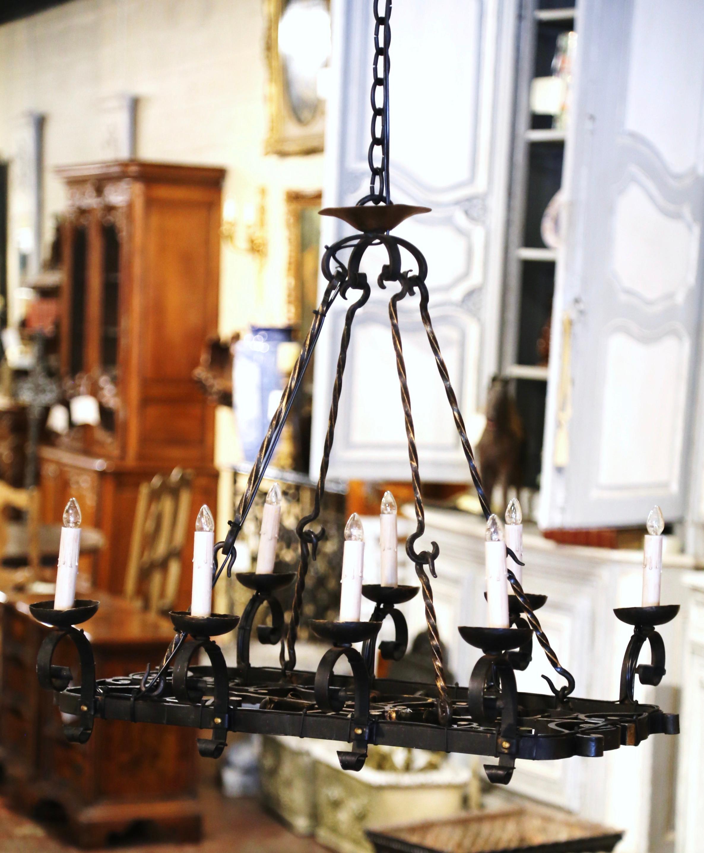 Forged 19th Century French Gothic Verdigris Flat Bottom Iron Eight-Light Chandelier  For Sale