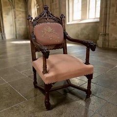 19th Century French Gothic Walnut Armchair with Embroidery