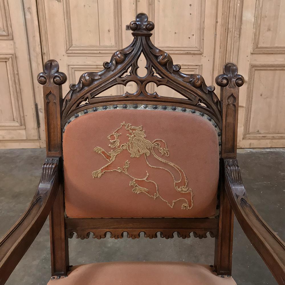 Hand-Carved 19th Century French Gothic Walnut Armchair with Embroidery For Sale