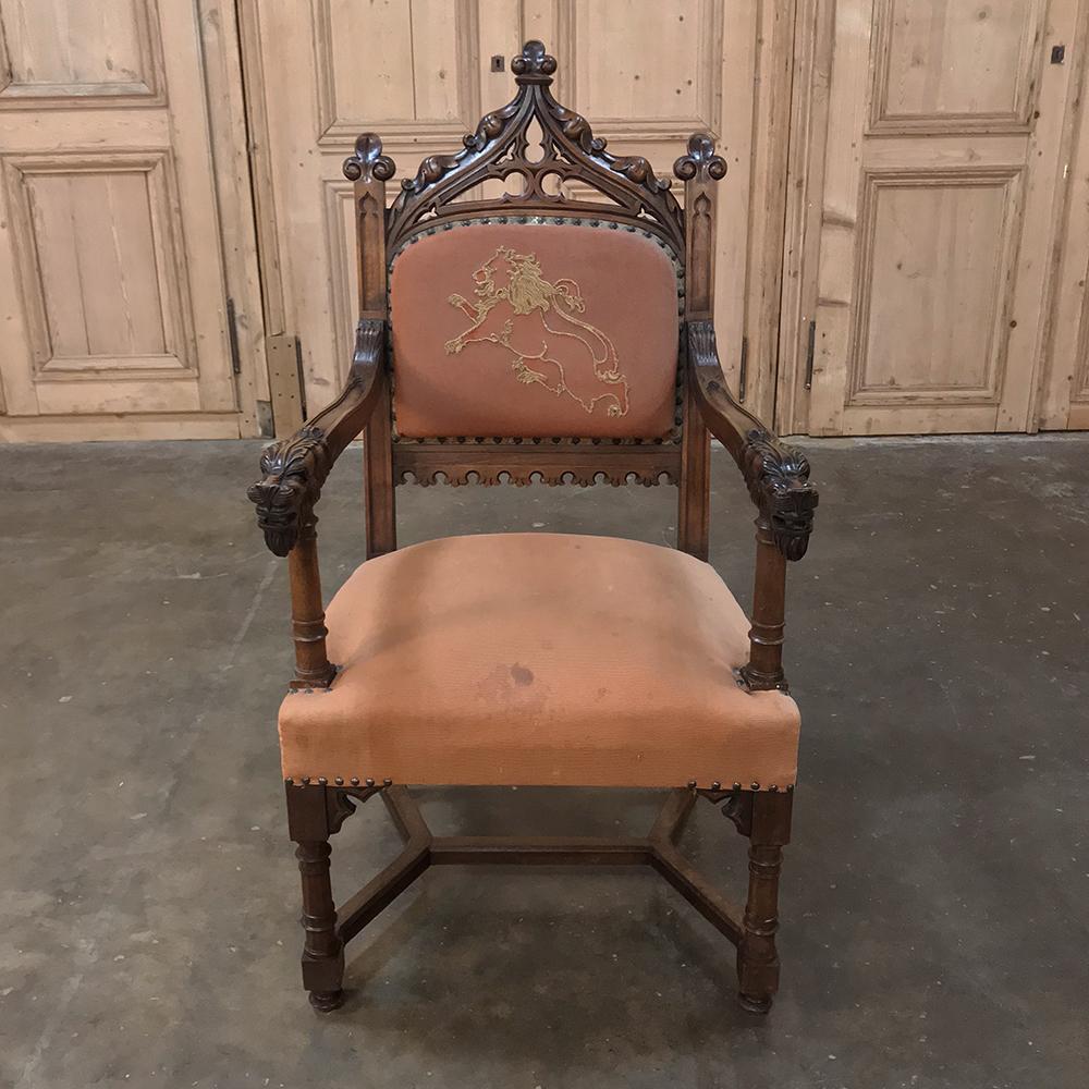 19th Century French Gothic Walnut Armchair with Embroidery For Sale 2